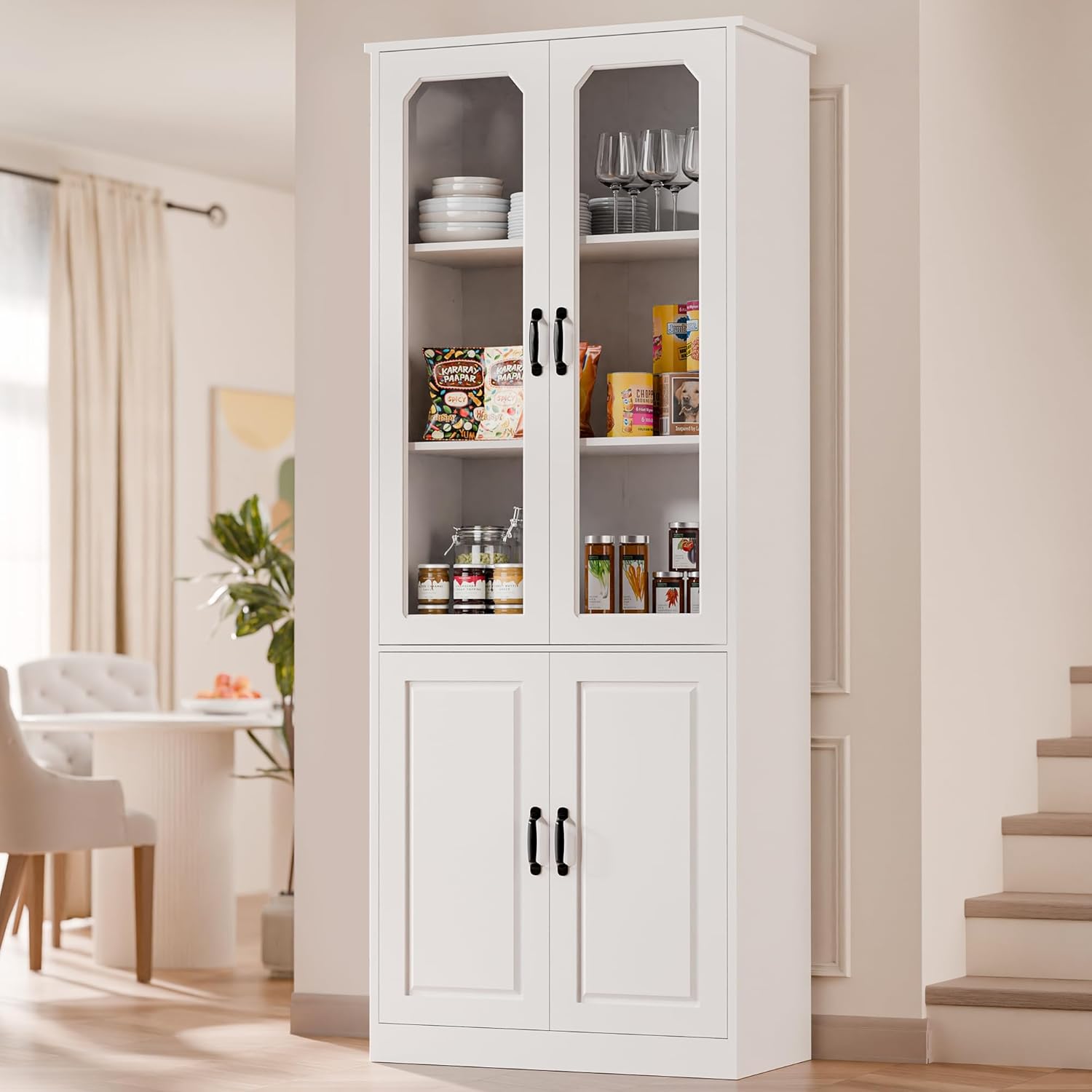 MU 78.7' Tall Kitchen Pantry with 2 Glass Doors, Freestanding China Cabinet with Adjustable Shelves, Large Kitchen Pantry Storage Cabinet Cupboard for Dining Room, Living Room, White (Large, 31.5' W)