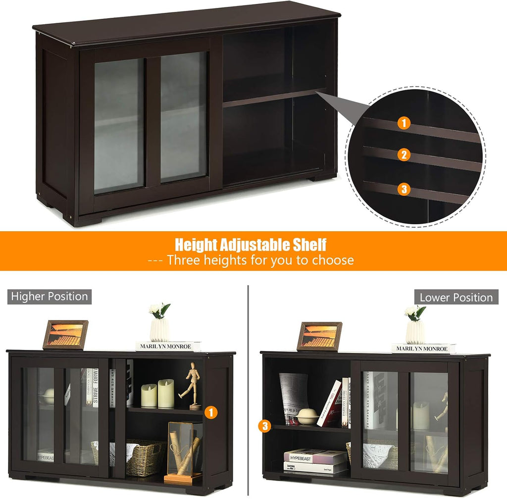 Costzon Sideboard Buffet Cabinet, Wooden Kitchen Storage Cabinet with Adjustable Shelf, Sliding Glass Doors, Accent Coffee Bar Cabinet Console Table for Living Room, Dining Room, Hallway (Coffee)