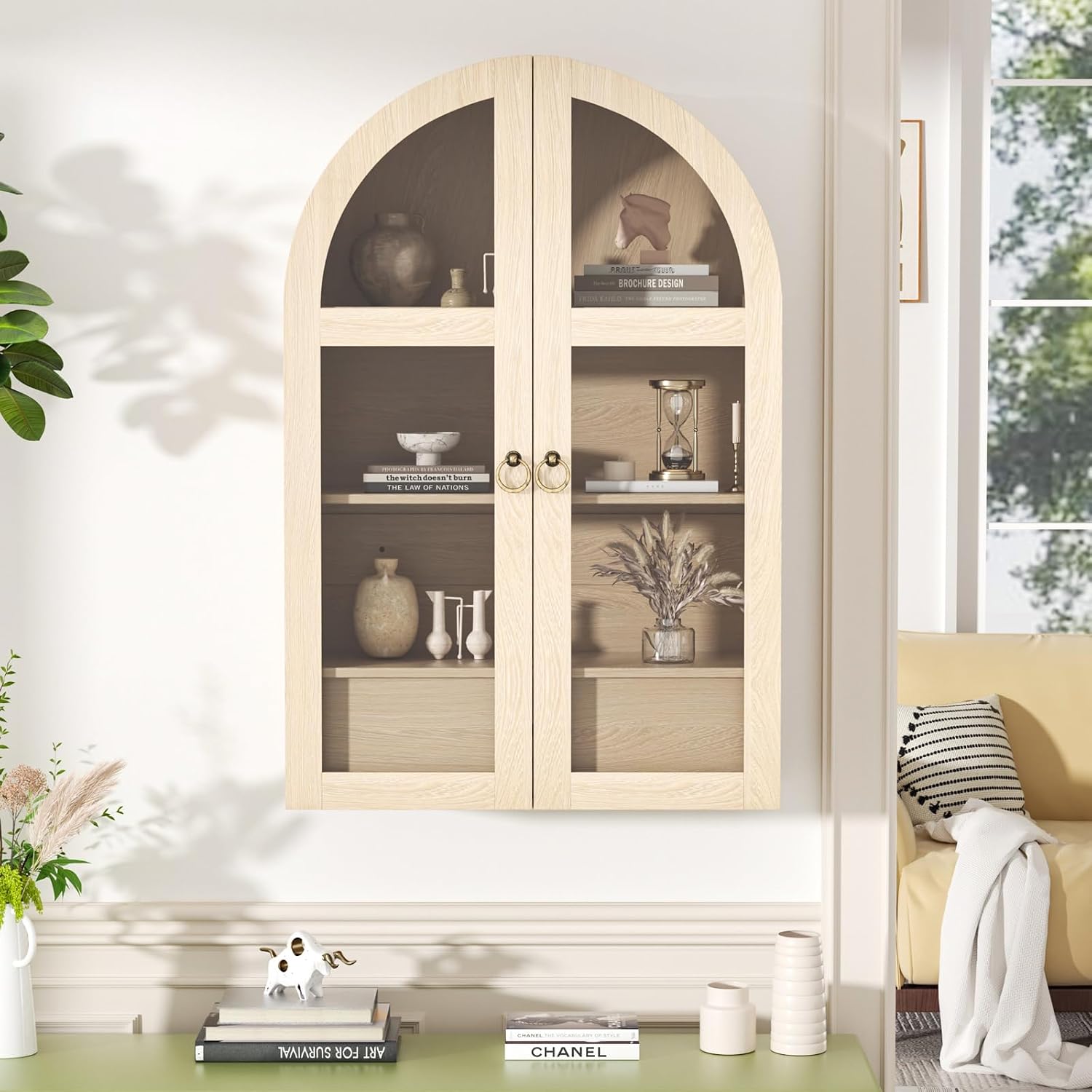 Medicine Cabinet with Tempered Glass Door, Arched Bathroom Wall Cabinet with Adjustable Shelf, for Kitchen, Living Room, Entryway, Laundry Room, Apartment, Office, Small Space, Oak