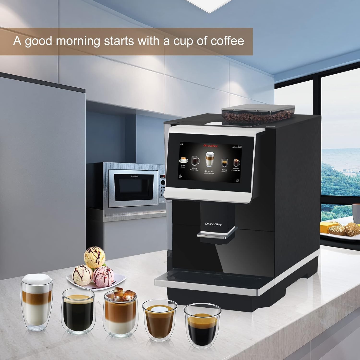 DR.COFFEE C12 Fully Automatic Coffee Machine, Espresso Machine With Ceramic Flat Burrs, 9 Grind Size Options, 7' HD Large Touchscreen, 4 Water Tank for Office Use