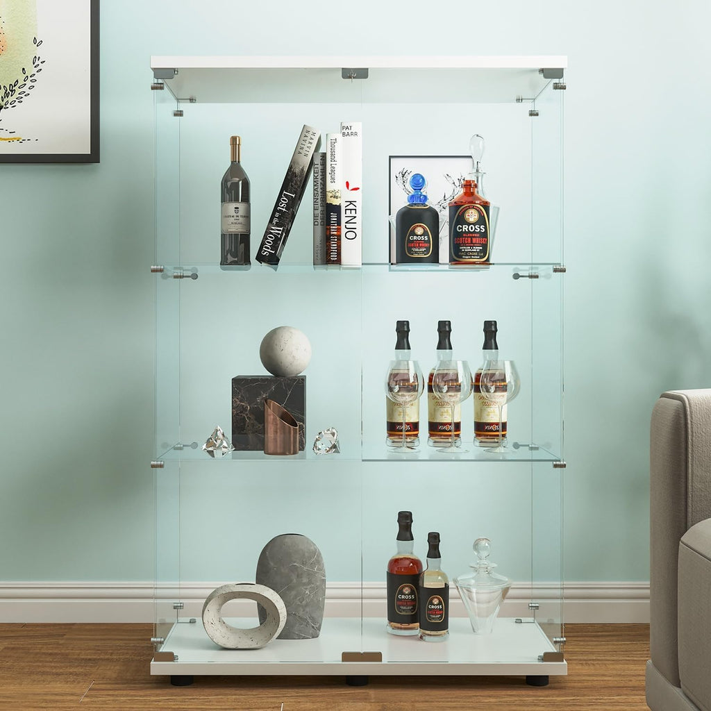 Beauty4U 2-Door Glass Display Cabinet, White Curio Cabinets for Living Room, Bedroom, Office, Collection Display, Quick Installation in 30 Mins, 3 Shelves White Floor Standing Glass Bookshelf