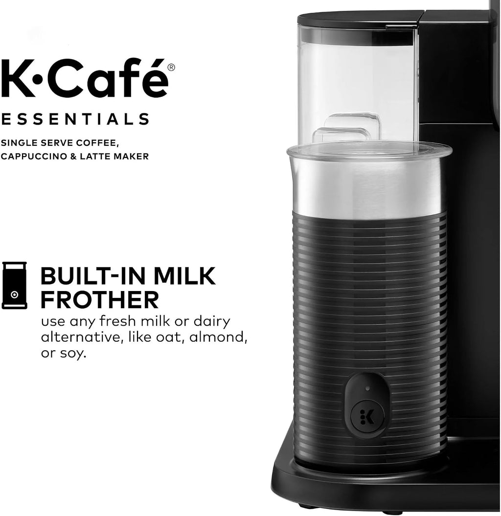 Single Serve Coffee Maker, Built-In Milk Frother, Latte & Cappuccino Brewer, Espresso Shot, 3 Brew Sizes, 42 oz Water Reservoir, Travel Mug Friendly, Auto-Off, Black, Compact Design