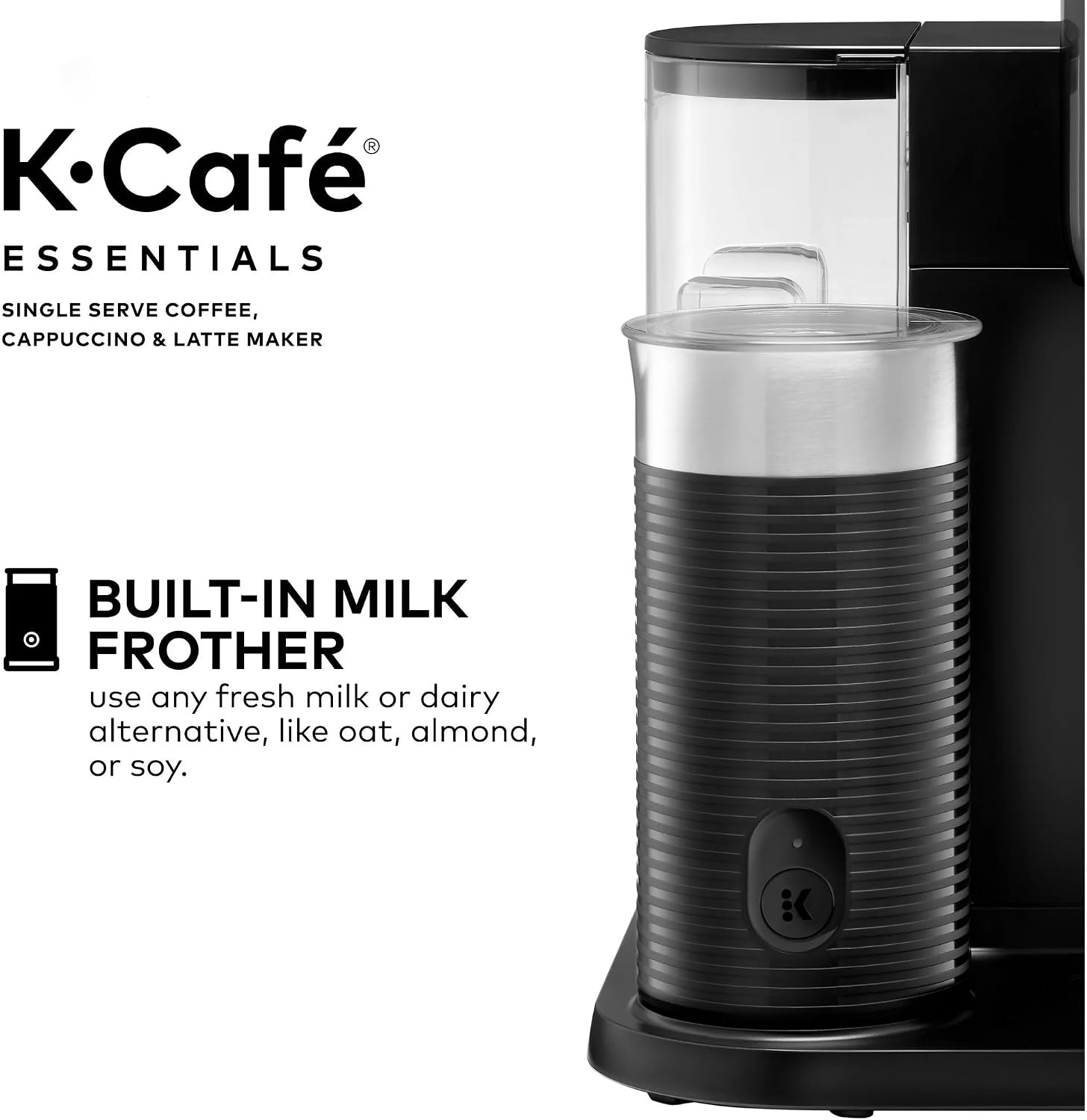 Single Serve Coffee Maker, Built-In Milk Frother, Latte & Cappuccino Brewer, Espresso Shot, 3 Brew Sizes, 42 oz Water Reservoir, Travel Mug Friendly, Auto-Off, Black, Compact Design
