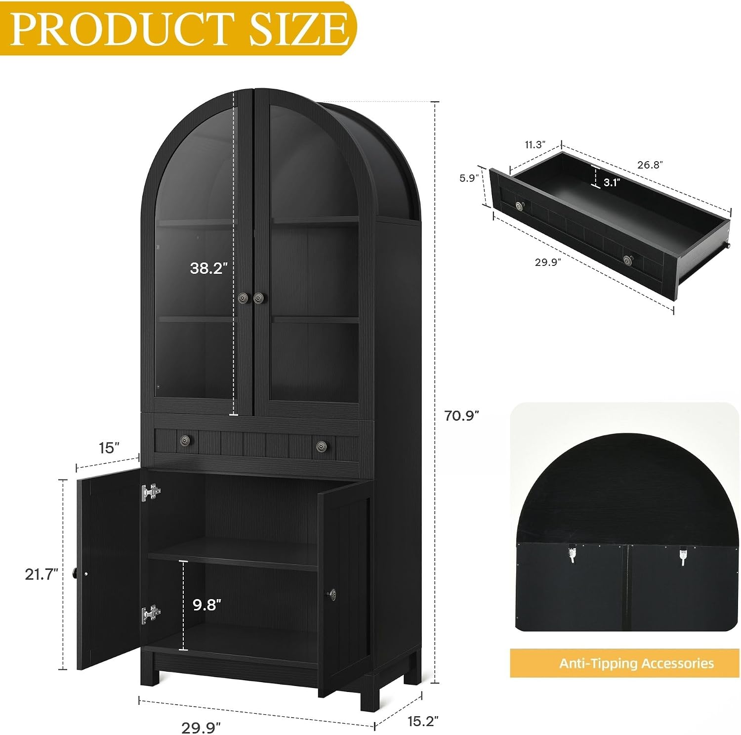 DWVO Arched Pantry Cabinet, 71' Tall Glass Door Display Storage Cabinets W/Drawer & Adjustable Shelves, Farmhouse Versatile Cupboard Bookshelf for Kitchen Dining Living Room, Black