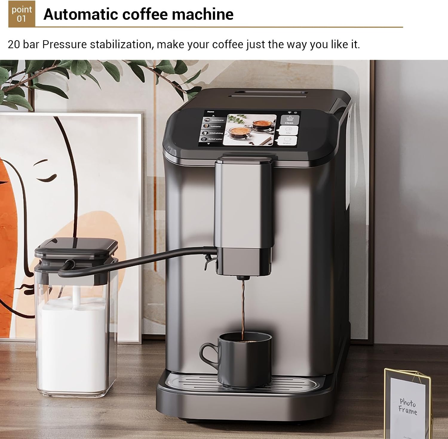 Espresso Machine, Built-in Grinder Coffee Maker with TFT Color Screen, Automatic Milk Frother Coffee Machine, 20 Bar Pump + 15 Grind Settings, 1.5L Water Tank + Auto Rinse, 120V 1350W, Star Gray