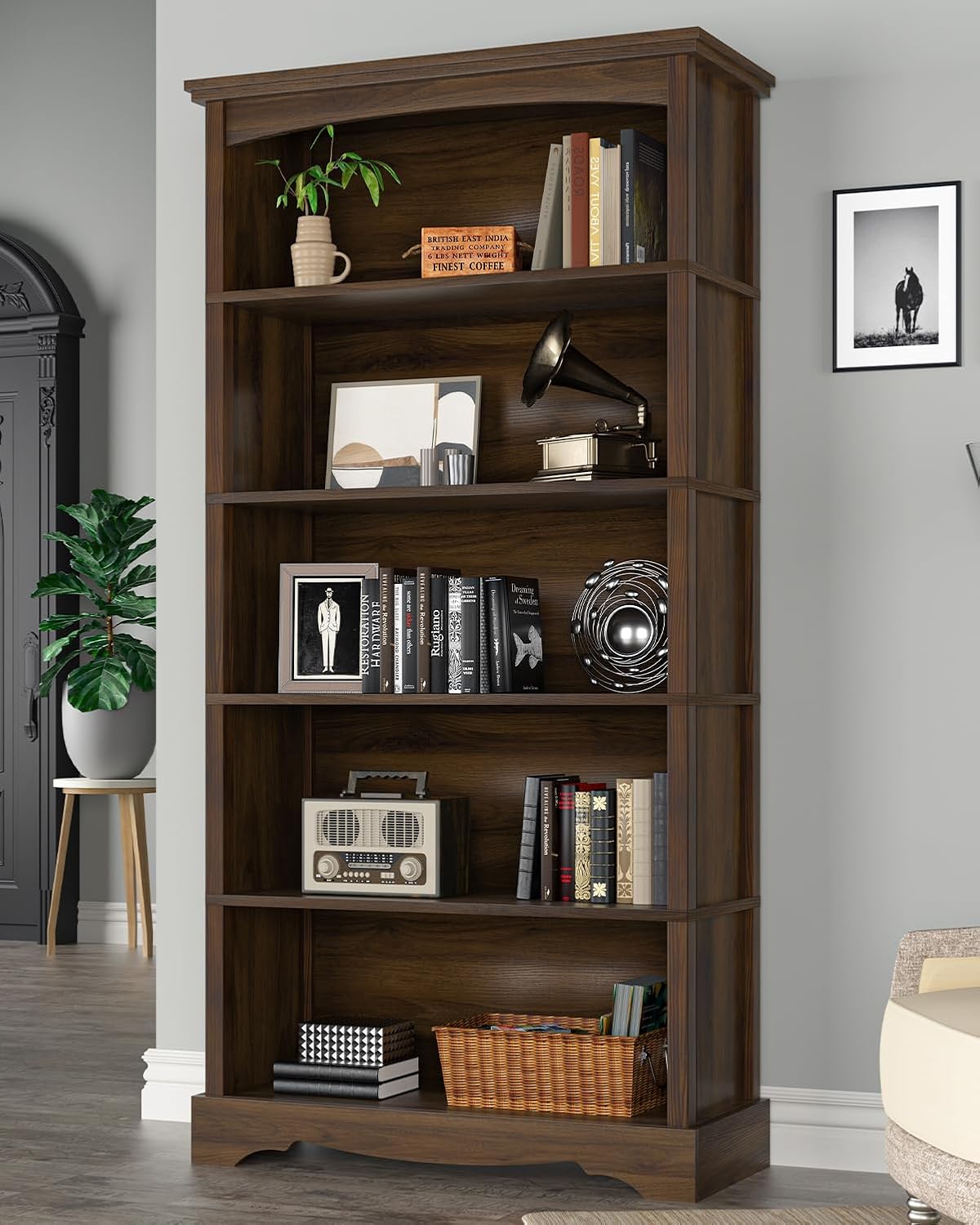 TVU 5-Tier Wooden Bookshelf, 31.5' W x 65' H ×9.9' D Bookshelf with Storage, Floor Standing Modern Style Display Bookcase for Living Room, Office, Study Room, Entryway, Brown