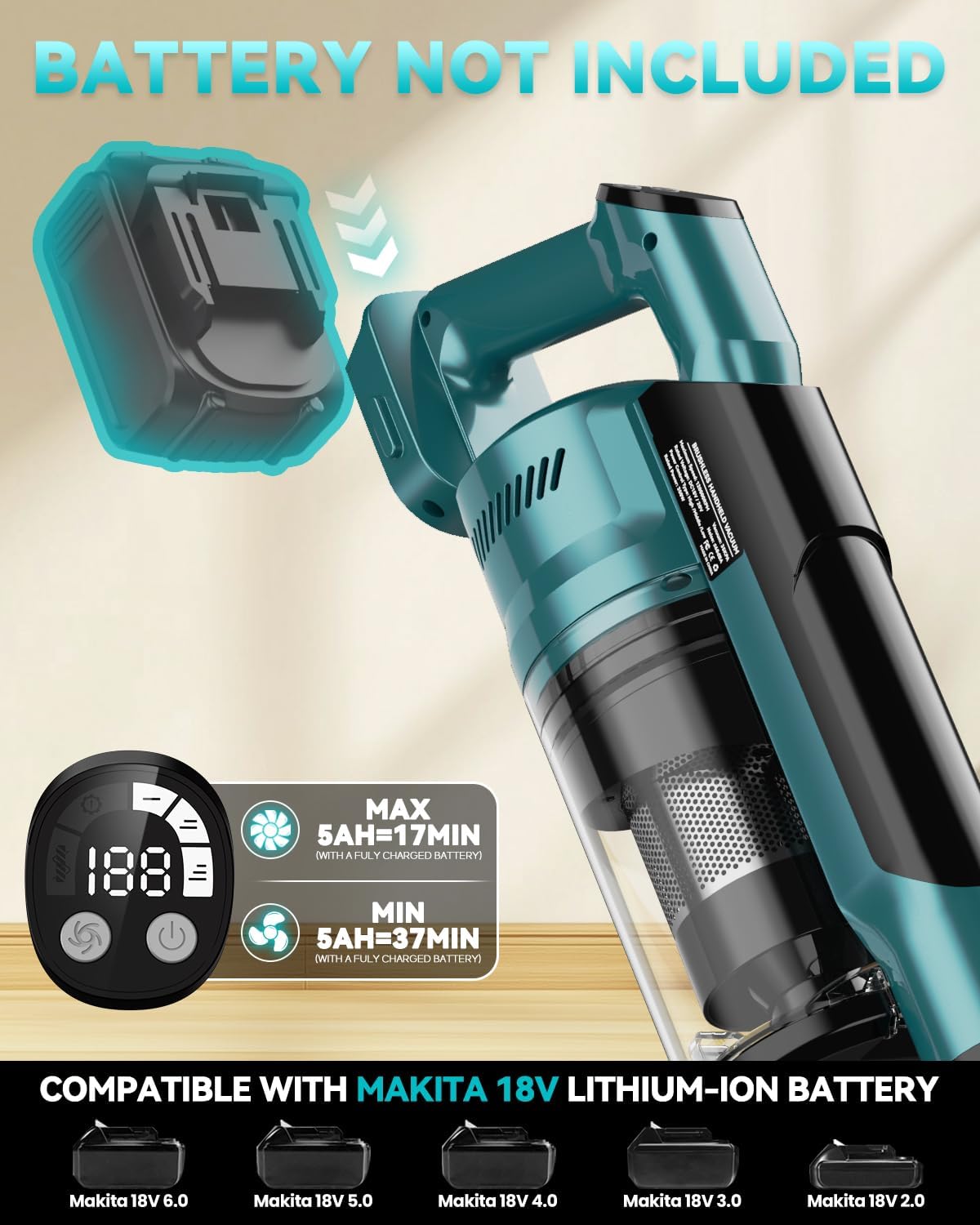 350W Cordless Vacuum Cleaner for Makita Battery, 35kPa Brushless Lightweight Stick Vacuum with 3 Mode Suction, 6 in 1 Stick Vacuum Cleaner with HEPA for Floor, Carpet, Car (Battery Not Included)