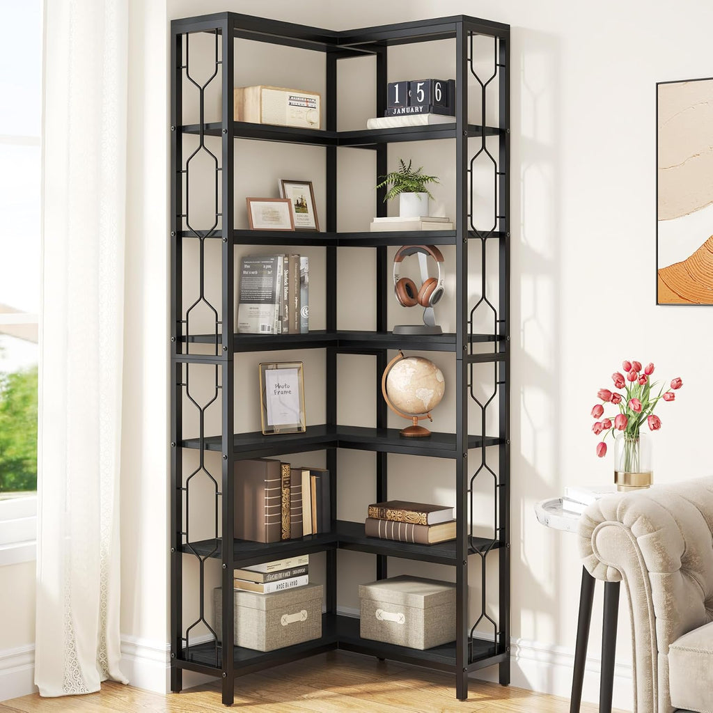 Tribesigns Corner Shelf, 7-Tier Industrial Corner Bookshelf, Wood and Metal Corner Etagere Bookcase, Freestanding Display Shelf for Living Room, Kitchen, Home Office, Light Black