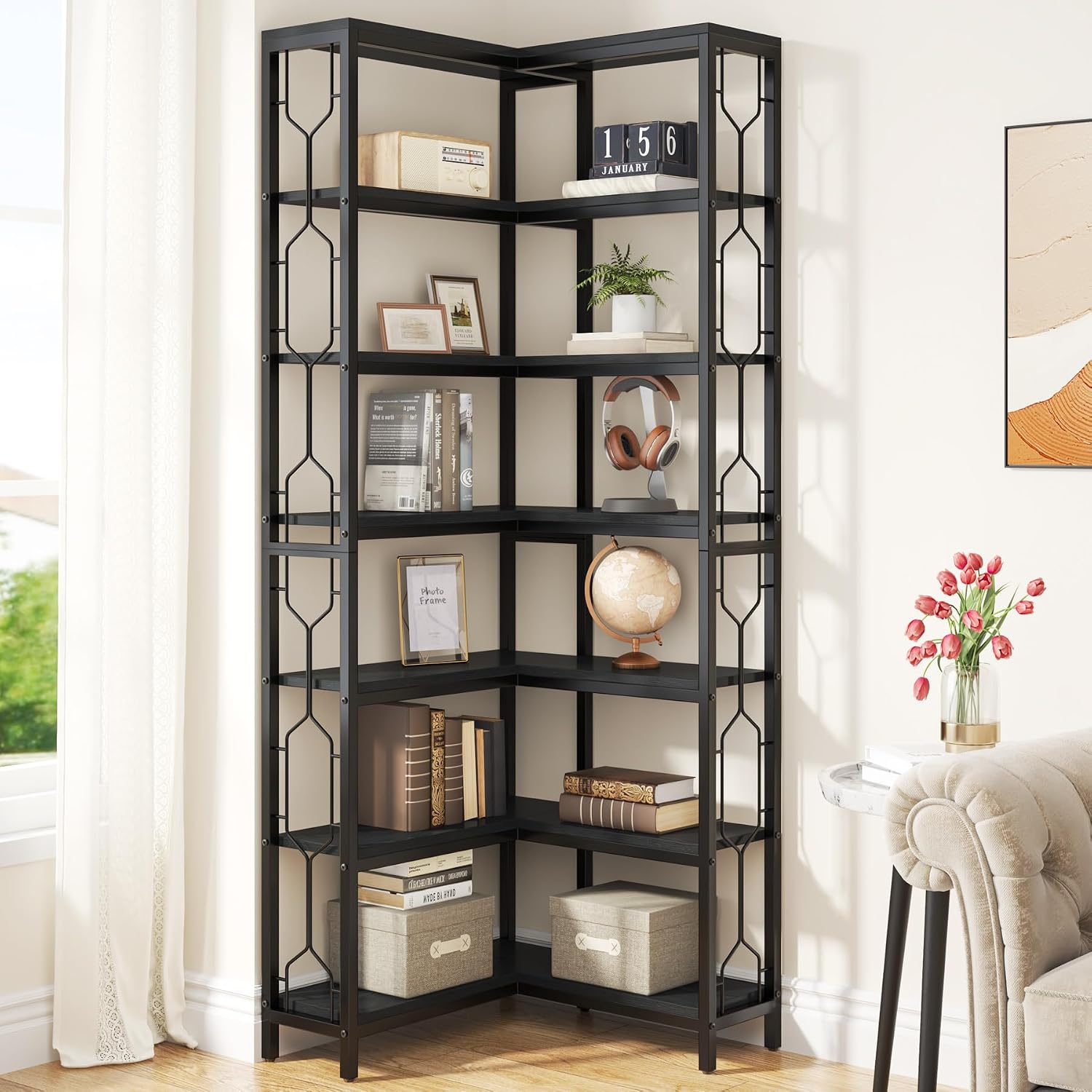 Tribesigns Corner Shelf, 7-Tier Industrial Corner Bookshelf, Wood and Metal Corner Etagere Bookcase, Freestanding Display Shelf for Living Room, Kitchen, Home Office, Light Black