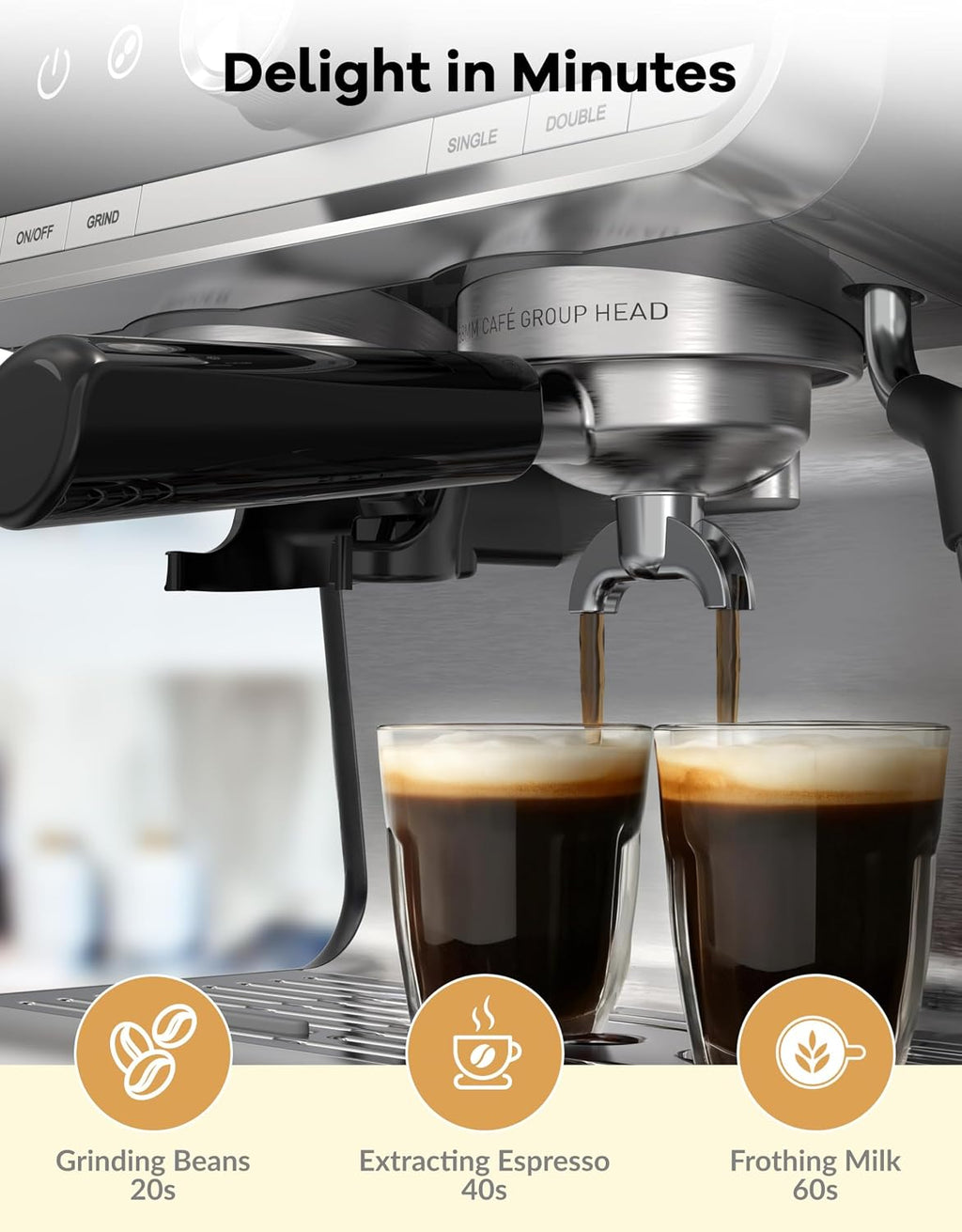 GarveeHome Espresso Machine With Grinder, 20 Bar Semi-Automatic Espresso Coffee Maker With Milk Frother Steamer Wand Cappuccino Latte Macchiato, 95 oz Water Tank, Pid Temperature Control-Dark Gray