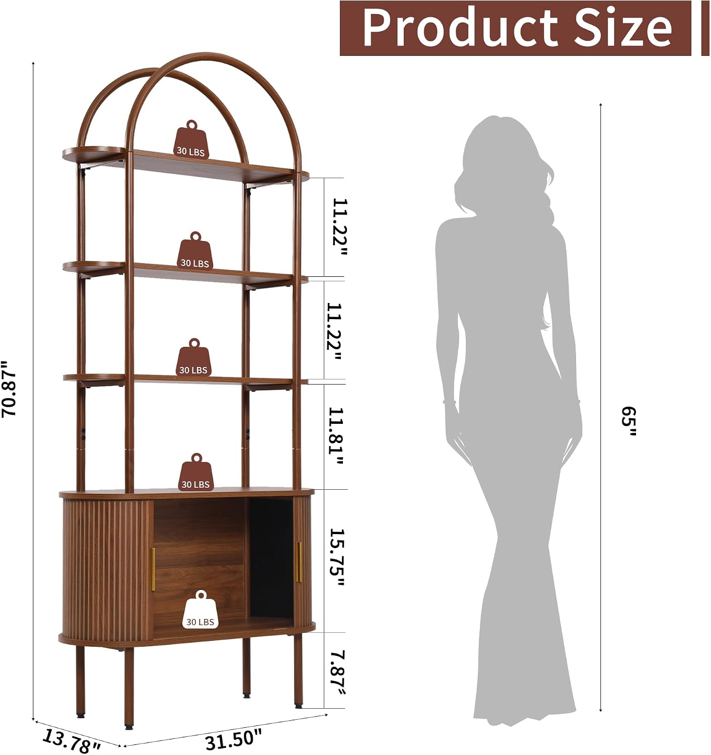Turtle&Myrtle Tall Arched Bookshelf, Mid Century Modern Fluted Bookcase Cabinet with Sliding Doors, Curved Metal Frame Bookcase, Industrial Storage Display Shelving for Living Room, Bedroom (Walnut)