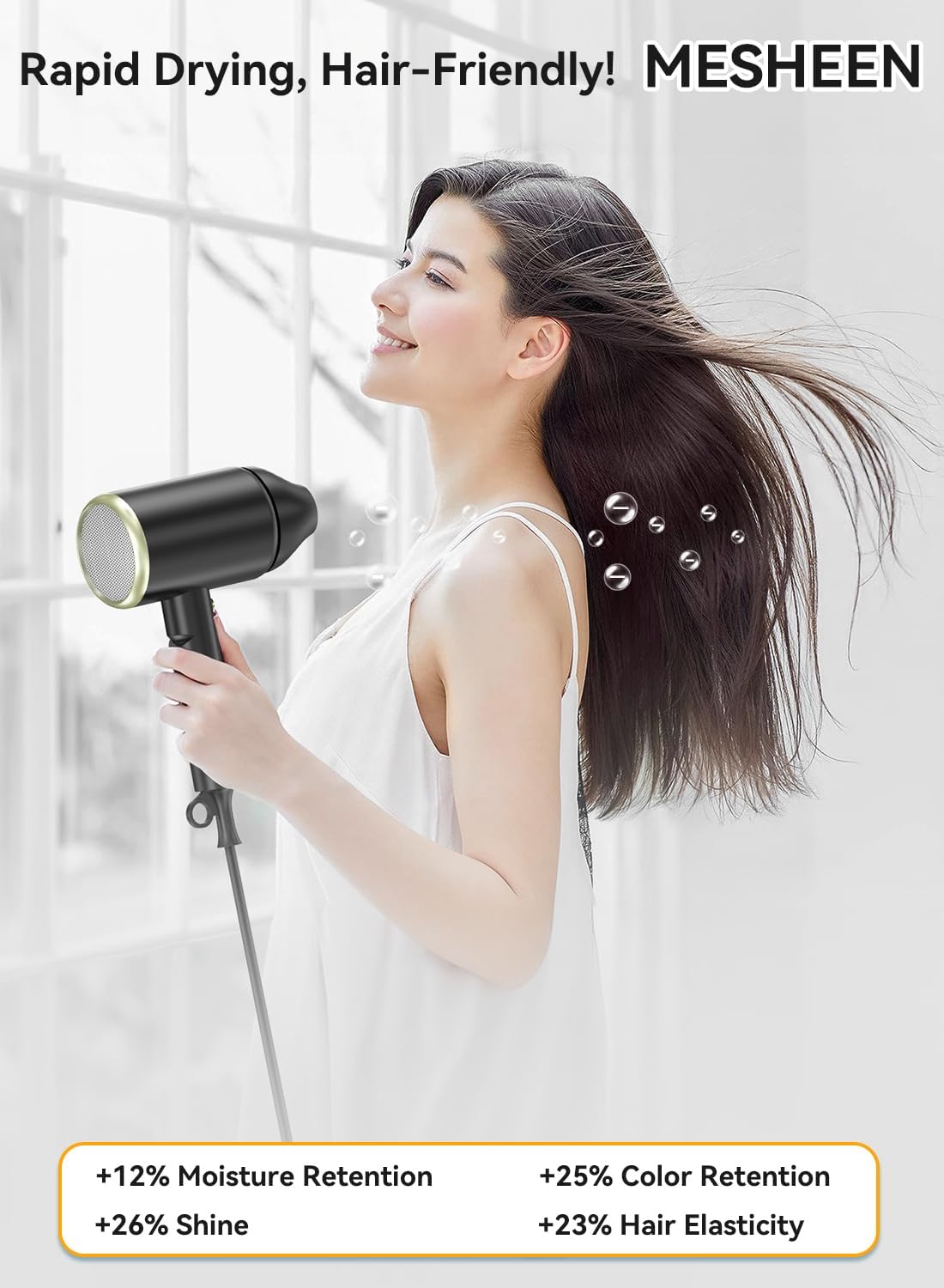 Hair Dryer, Ionic Blow Dryer - Fast Drying, Low Noise, Foldable Portable with Diffuser and Nozzle, Compact Mini for Women and Men - 1 Pack