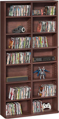 LELELINKY 7 Tier Tall Display Cabinet, Walnut Media Storage Cabinet with Adjustable Shelves, Free Standing DVD Organizer Shelf, Floor Multimedia Storage Manga Bookshelf for Living Room & Home Office.