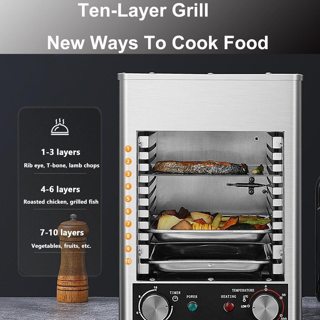 1700w Electric Steak Broiler,110v Electric Contact Grills W/10-Layer Grill/Stepless Knob/Time&Temperature Adjustable/Maximum Temperature 800℃,For Commercial And Home,Grey