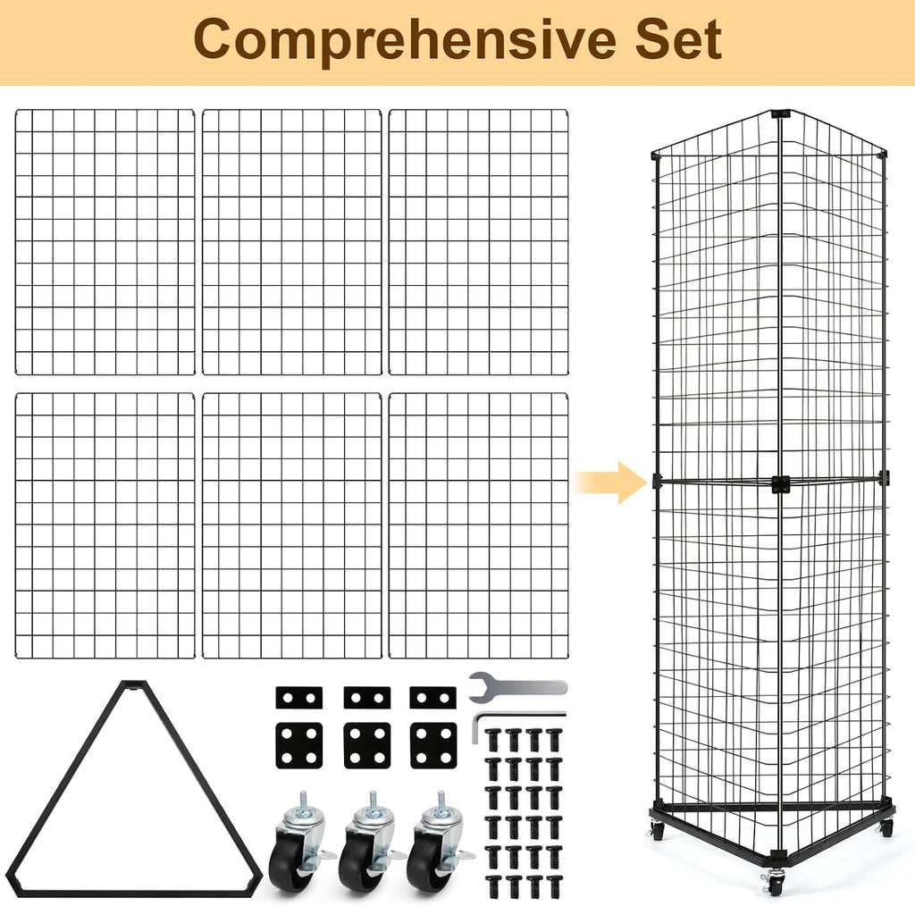 GADFISH Triangular Gridwall Panel Display Stand, Black Triangle Wire Grid Tower with Base and Casters, 24' x 68' Rolling Grid Wall, Panel Stand for Home Organization, Retail, Trade Show, Vendor