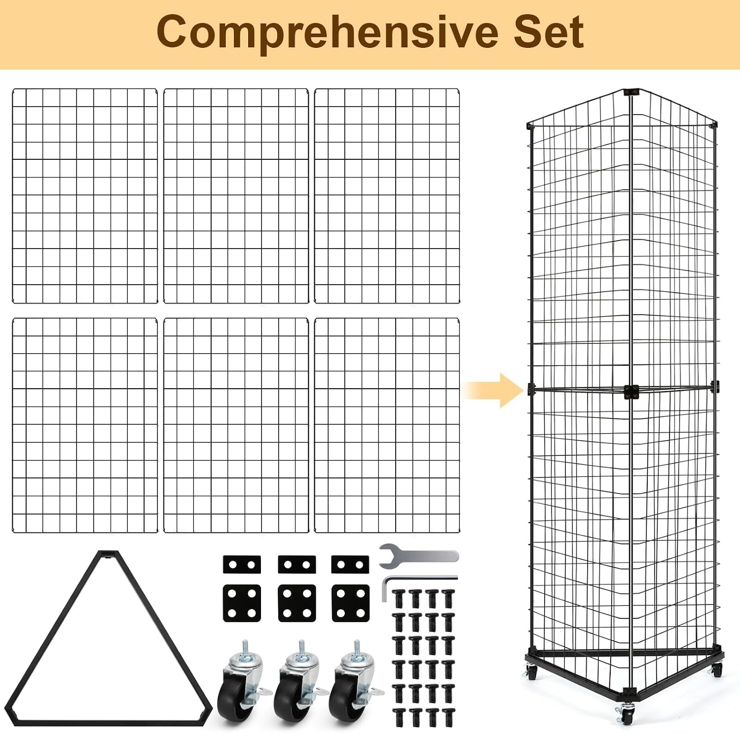 GADFISH Triangular Gridwall Panel Display Stand, Black Triangle Wire Grid Tower with Base and Casters, 24' x 68' Rolling Grid Wall, Panel Stand for Home Organization, Retail, Trade Show, Vendor