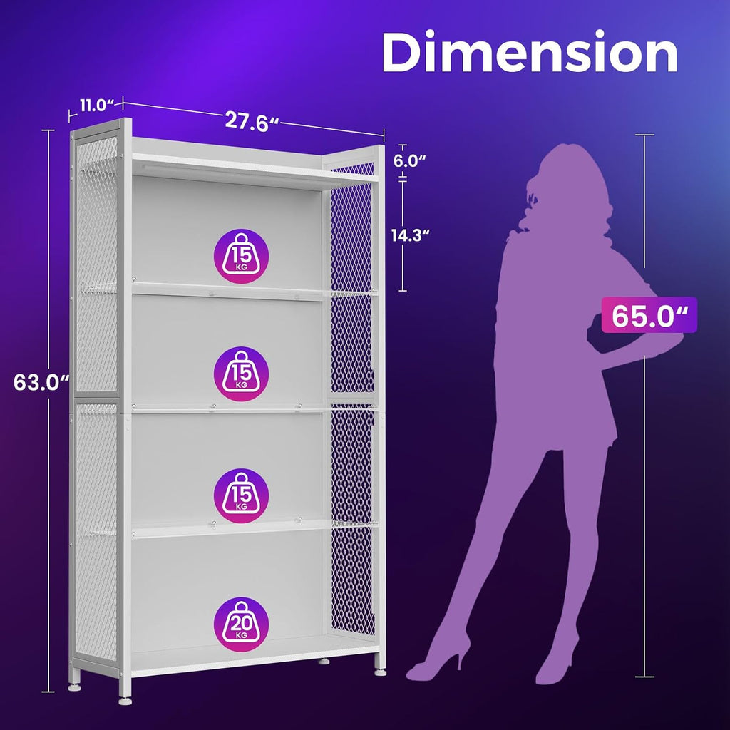 AODK Display Case with LED Lights, Display Cabinet with Glass Storage Shelves, 4-Tier Curio Cabinet for Collectibles with Open Shelf, White Book Shelf