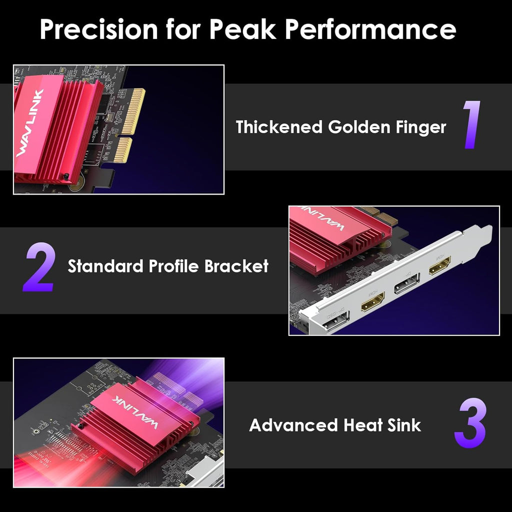 WAVLINK 8K/4K PCIE 4 Monitors Card - 2DP+2HDMI, PCIE to HDMI & DP Adapter Supports Extend 4 Monitors Output for Windows 11/10 & Ubuntu with DisplayLink DL7400(Non-Gaming GPU)
