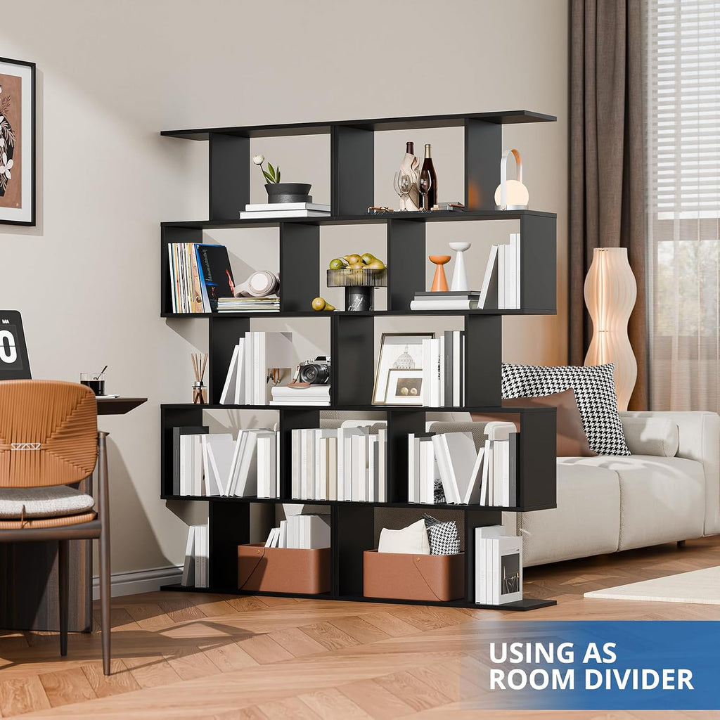 Cozy Castle Set of 2 Geometric Bookcase, S-Shaped Modern Bookshelf, Room Divider Bookshelf, 62' Tall Unique Abstract Bookcase with 5-Tier Display Shelf for Living Room Office, Black
