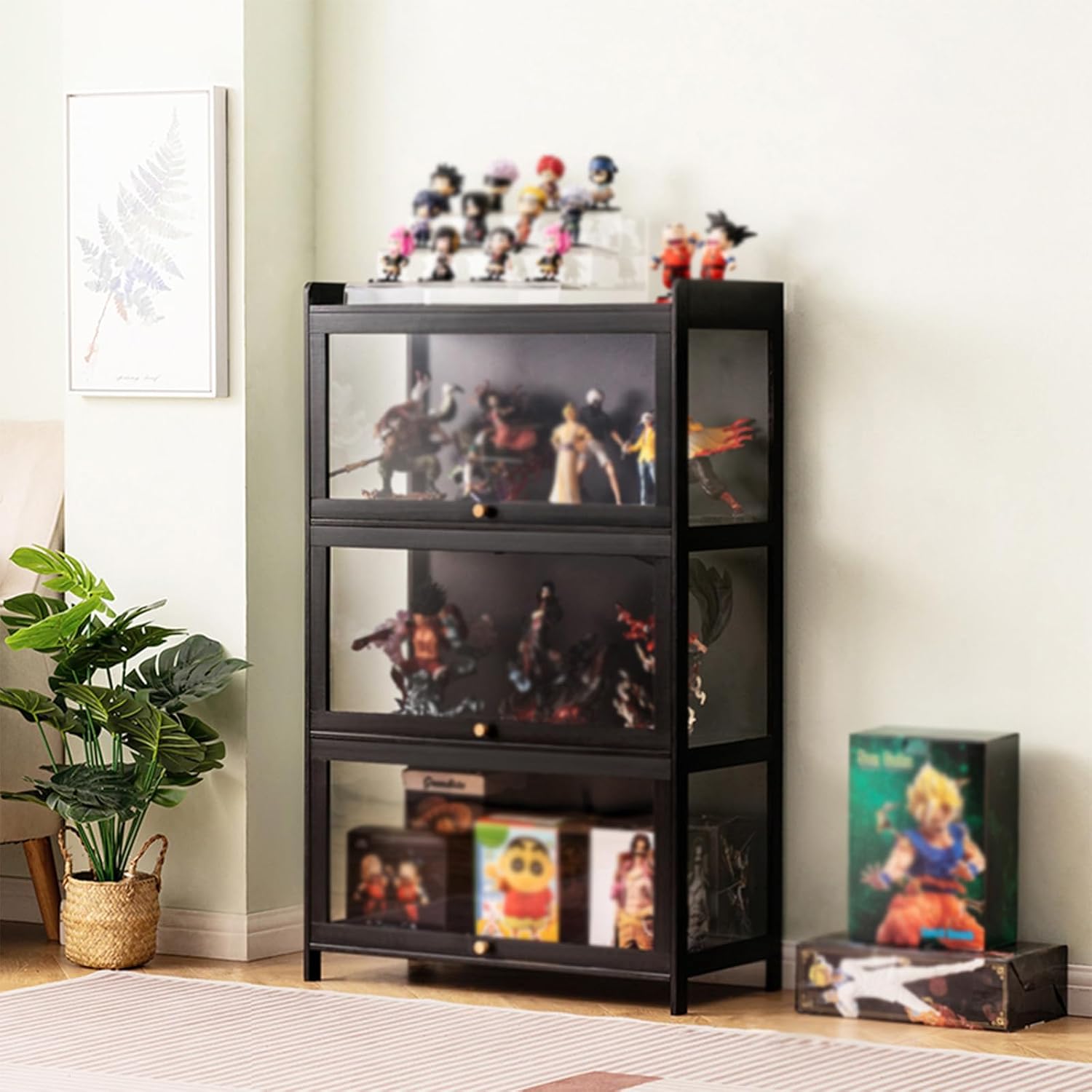 Display Cabinet, Curio Cabinet with Acrylic Doors, Figures and Curio Collection Display Case, Floor Standing Clear Showcase for Living Room Bedroom Black (Three Styles) 70×33×111cm