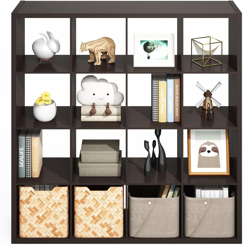 Furinno Simple Cube Storage Organizer, 16-Cube Display Shelf, Open Back Shelving Unit, Storage Shelves, Extra Thick Frame, for Organization and Storage, Living Room, Home Office, Dark Oak