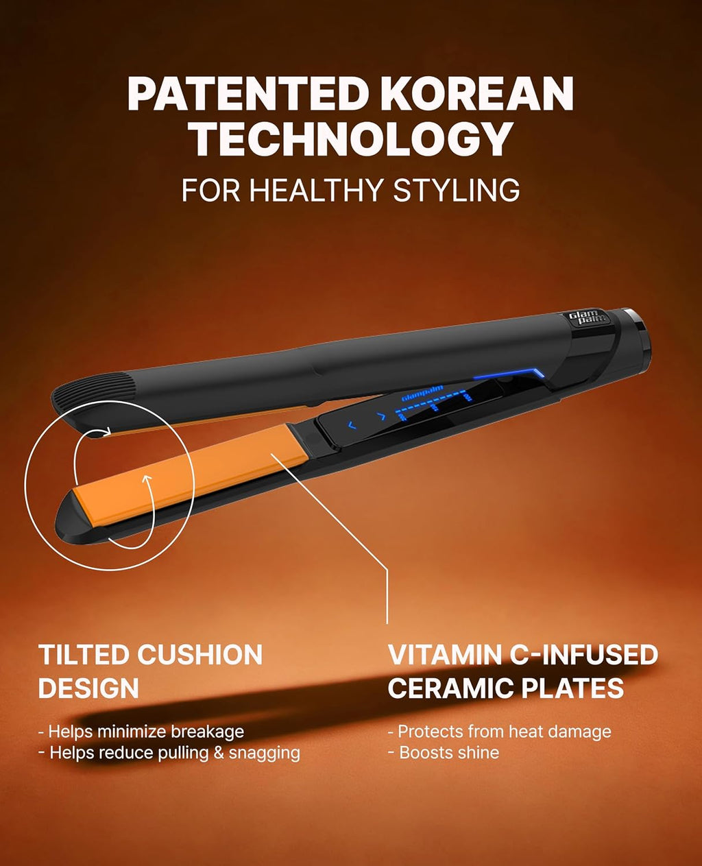 GLAMPALM GlamMuse 1' | All-Ceramic Flat Iron Infused with Vita-C, Salon Results with Less Heat Damage, Trusted by K-Pop Hair Stylists, Dual Voltage Hair Straightener, Silk Press | GP201T