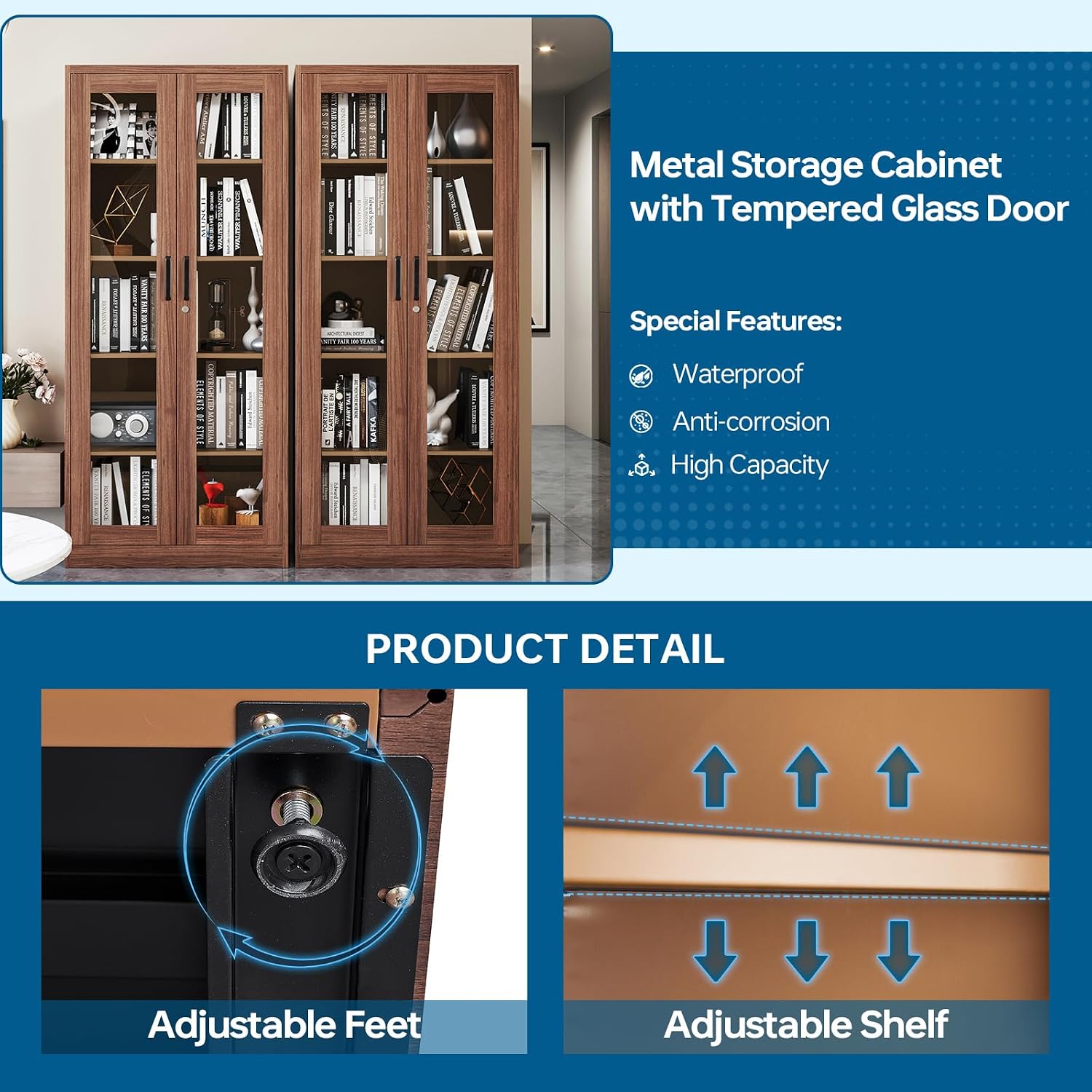 PEUKC Display Cabinet with Glass Doors, 71 Inches Metal Curio Storage Cabinets with 4 Adjustable Shelves, Locking Glass Cabinet Display Case for Home, Office, Clinic, Pantry (Brown)