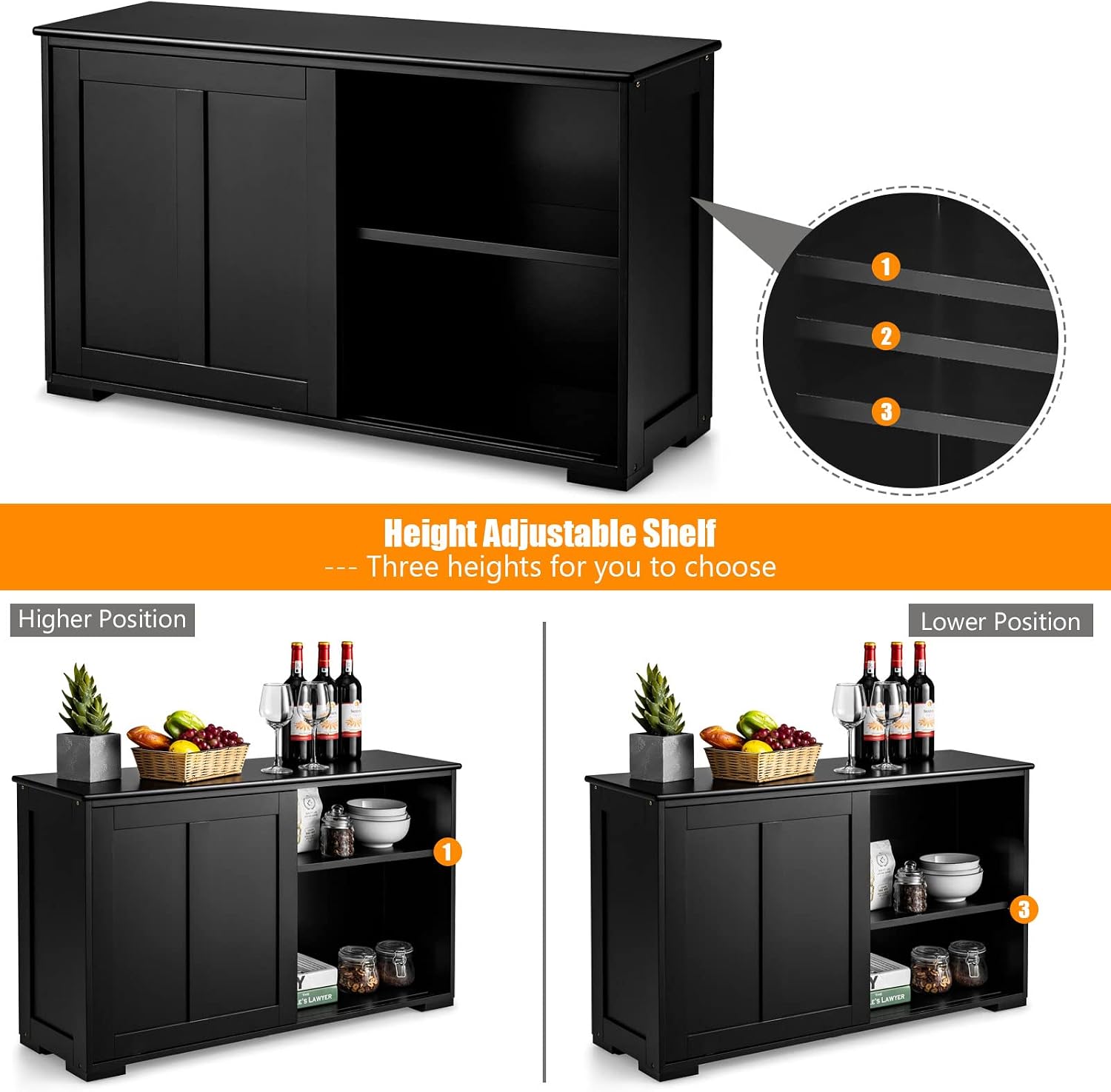 Costzon Sideboard Buffet Cabinet, Wooden Kitchen Storage Cabinet with Adjustable Shelf, Sliding Barn Door, Accent Coffee Bar Cabinet Console Table for Living Room, Dining Room, Hallway (Black)