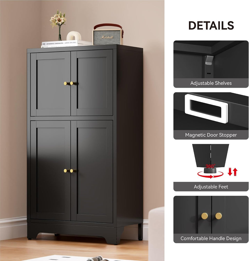 Bevivog Black Metal Locker Cabinet with 4 Doors, Metal Sideboard Cabinet Coffee Bar Storage Accent Cabinets for Home Office, Kitchen Living Room, Hallway, Entryway