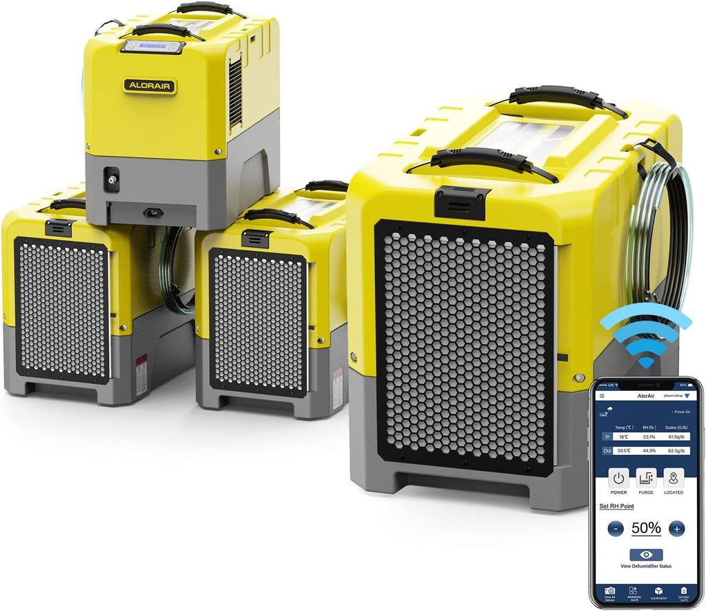 ALORAIR 180 PPD Commercial Dehumidifiers with Smart WiFi, Crawl Space Basement dehumidifier with Pump, Industry Water Damage Unit, Compact, Portable, Memory Starting, (Pack of 4) yellow