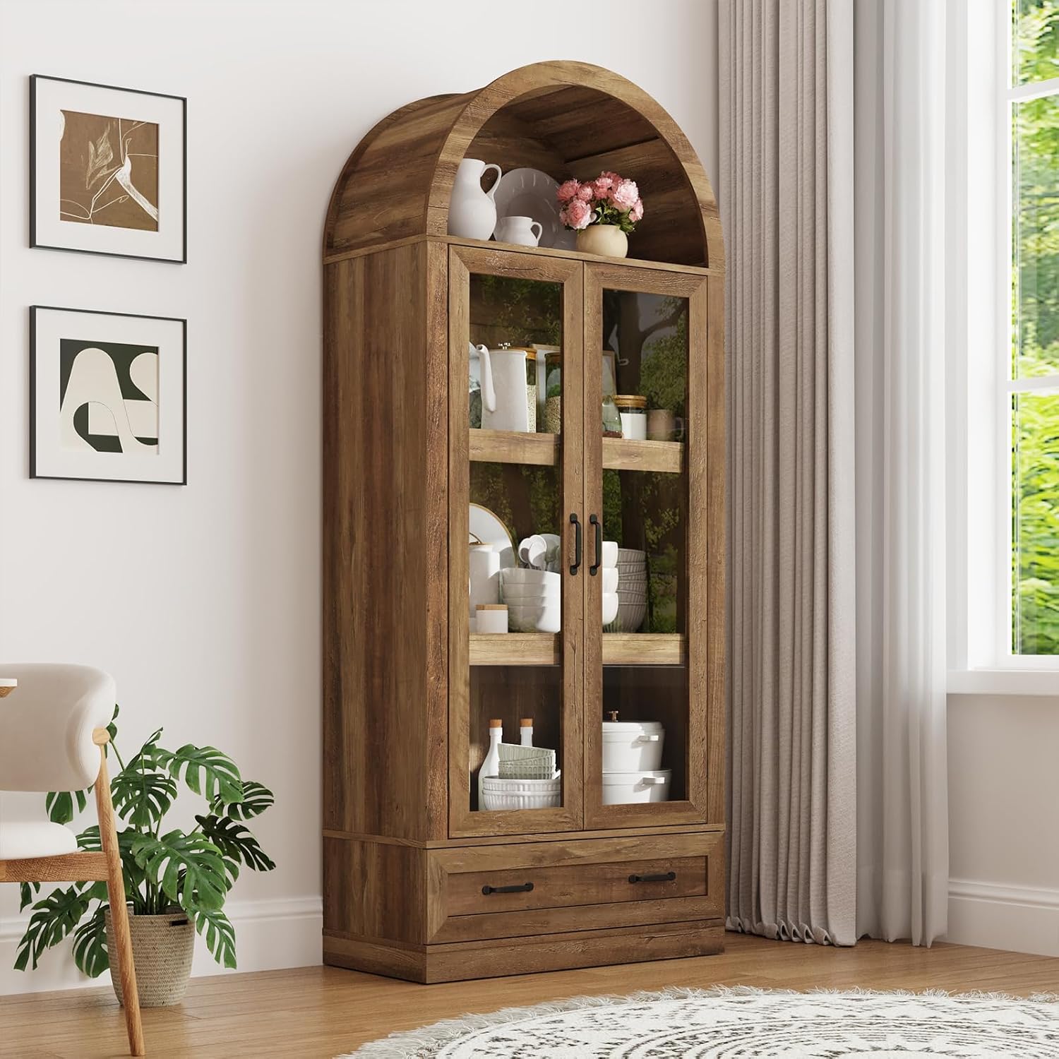 75' Tall Arched Kitchen Pantry Cabinet w Load-Bearing Steel Pipe,Modern Farmhouse Kitchens Storage Cabinet with Drawer and Glass Doors,Tall Arched Bookcase,Pantry Organizer for Living Room(Natural)