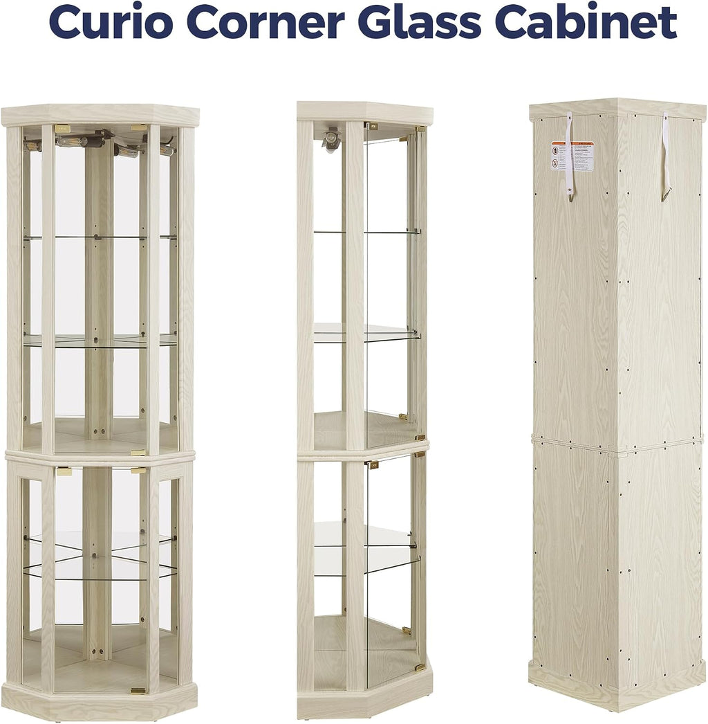Lighted 3-Side Glass Display Curio Cabinet, Corner China Cabinet with Tempered Glass Doors, Wooden Display Case with Light Bulb for Living Room, Antique White