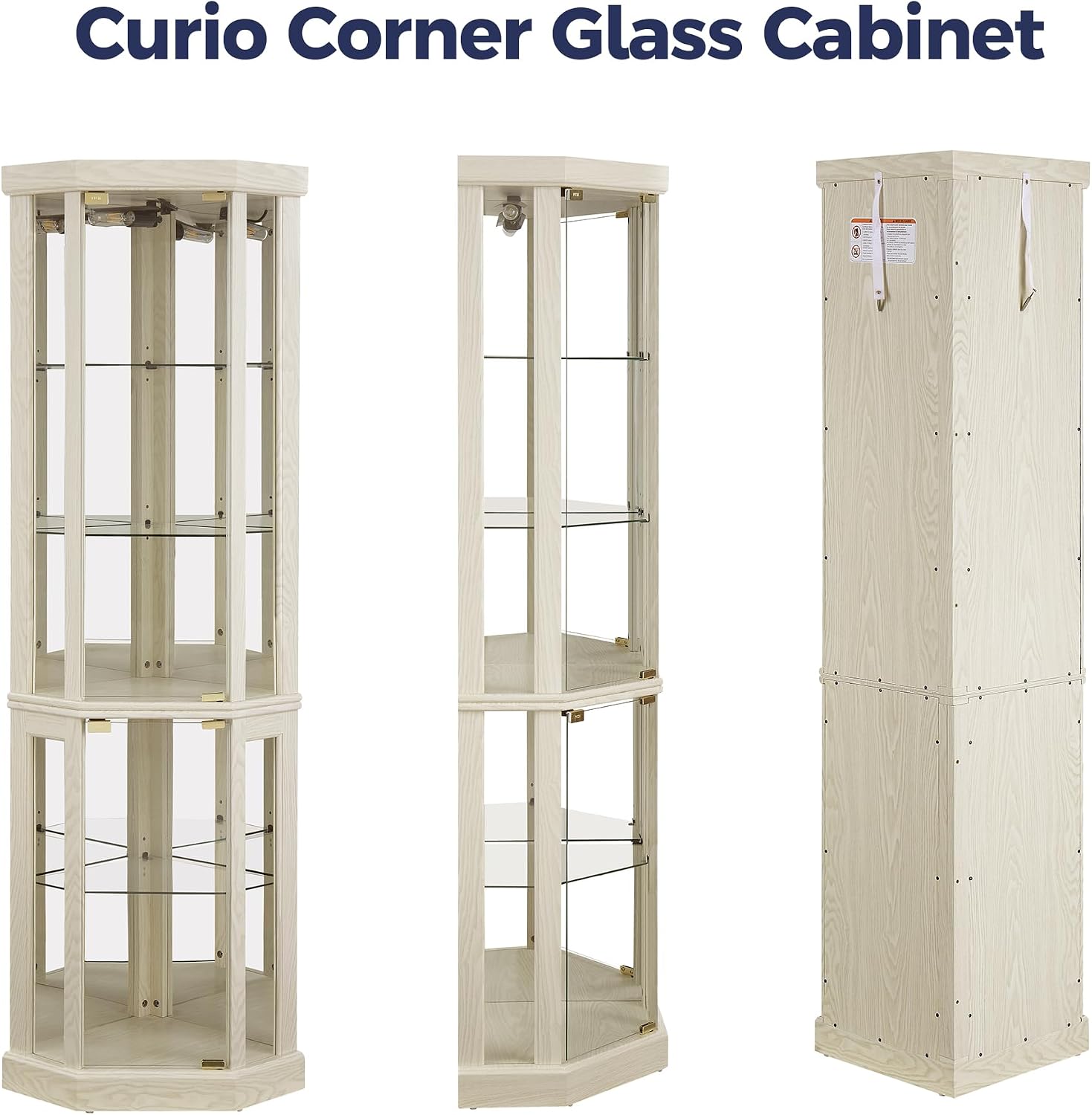 Lighted 3-Side Glass Display Curio Cabinet, Corner China Cabinet with Tempered Glass Doors, Wooden Display Case with Light Bulb for Living Room, Antique White