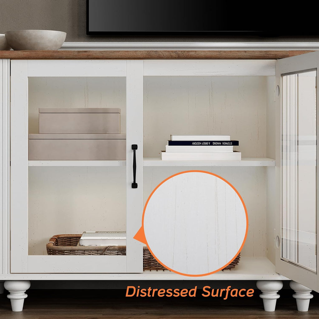 WAMPAT Sideboard Buffet Cabinets with Glass Door, Kitchen Storage Cabinets with Curved Edge, Wood Coffee Bar Tables with Vintage Gourd Leg, Accent Table for Dining Room, Living Room, Off White