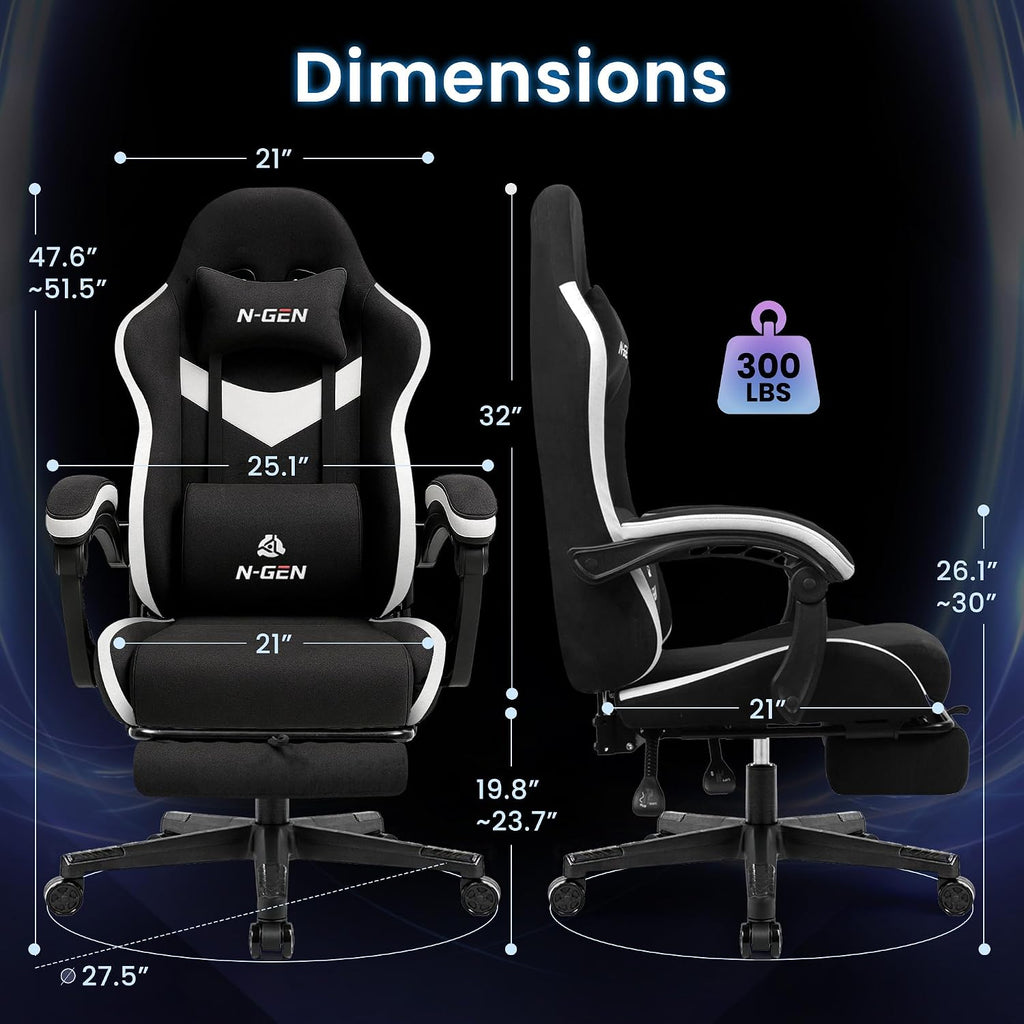 N-GEN GAMING Video Gaming Chair with Footrest Lumbar Support for Home Office High Back Recliner Height Adjustable Ergonomic Comfy Fabric Computer Desk Chair (Black)