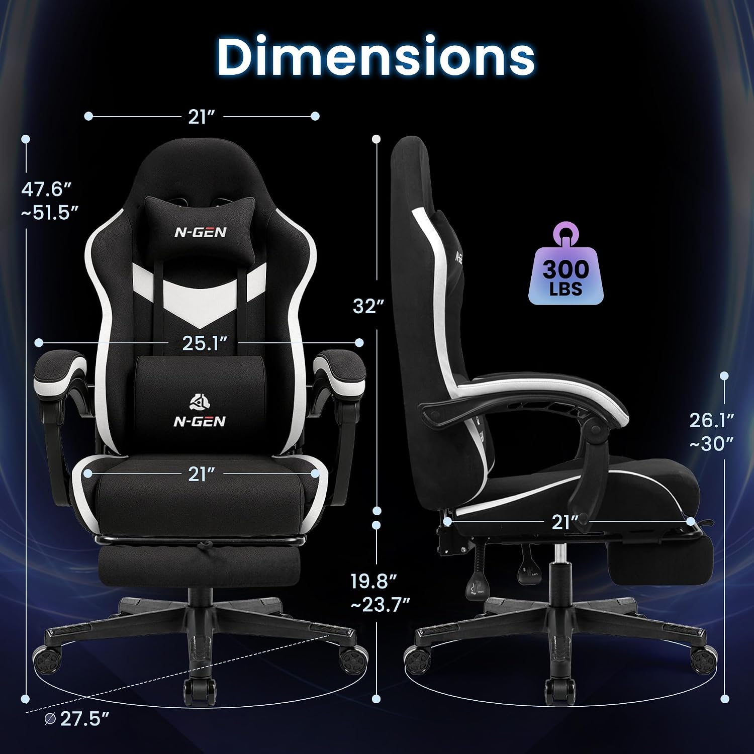 N-GEN GAMING Video Gaming Chair with Footrest Lumbar Support for Home Office High Back Recliner Height Adjustable Ergonomic Comfy Fabric Computer Desk Chair (Black)
