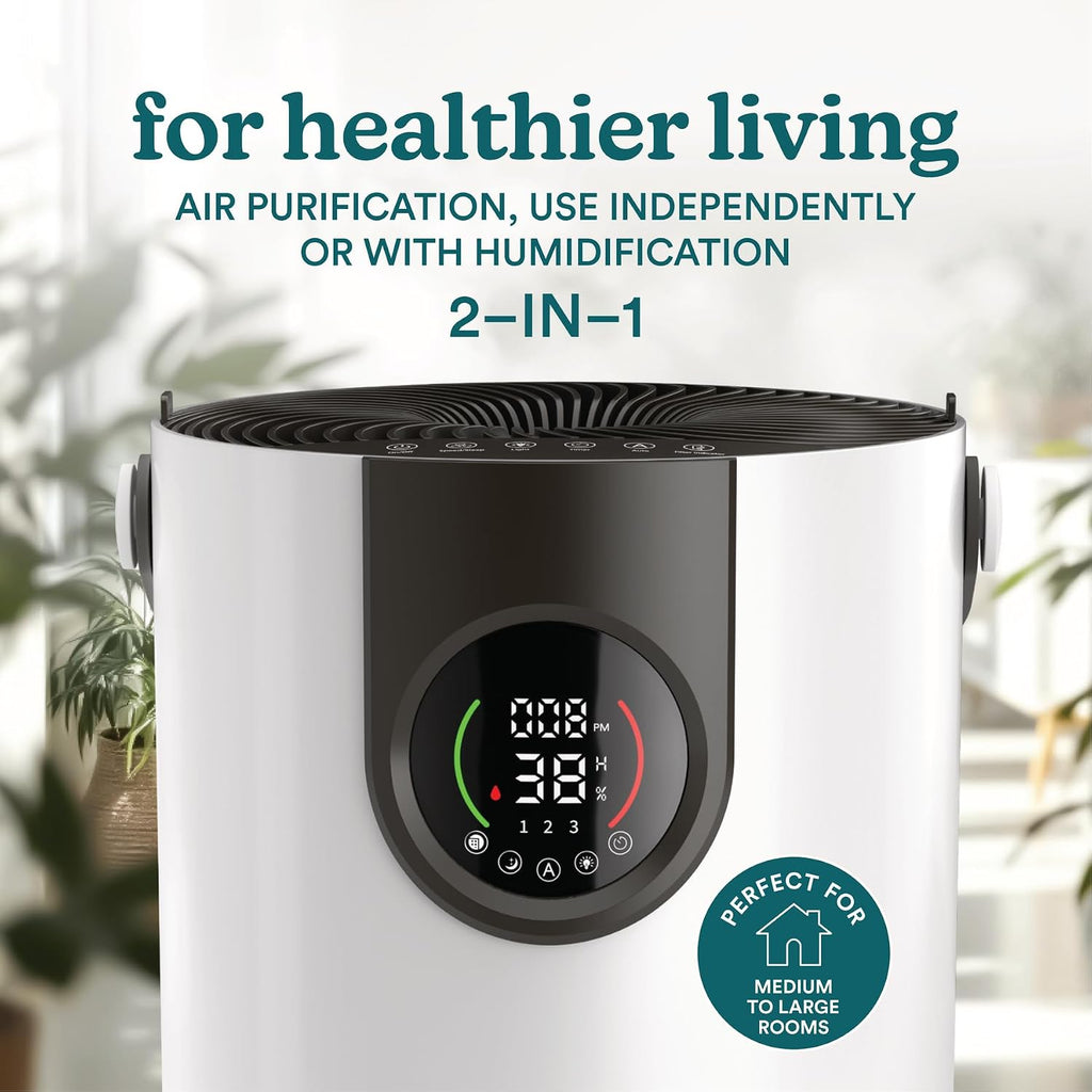 Homedics 2-in-1 Air Purifier & Evaporative Humidifier for Large Rooms HEPA Air Cleaner, Filtered Humidification, Digital Air Quality Sensor, Auto Mode, Tower Design for Home, No Visible Mist