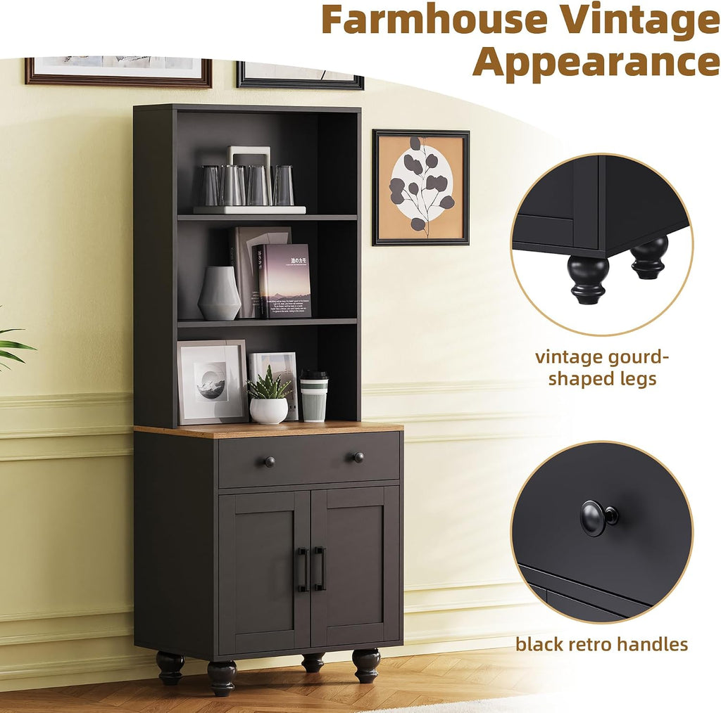JOSHEN 63' Farmhouse Wood Grain & Solid Gourd Legs Showcase Cabinet, Display Case with Adjustable Shelves, Lego Display Shelves with Anti-Tip Kit & Drawer for Living Room, Kitchen, Black+Natural