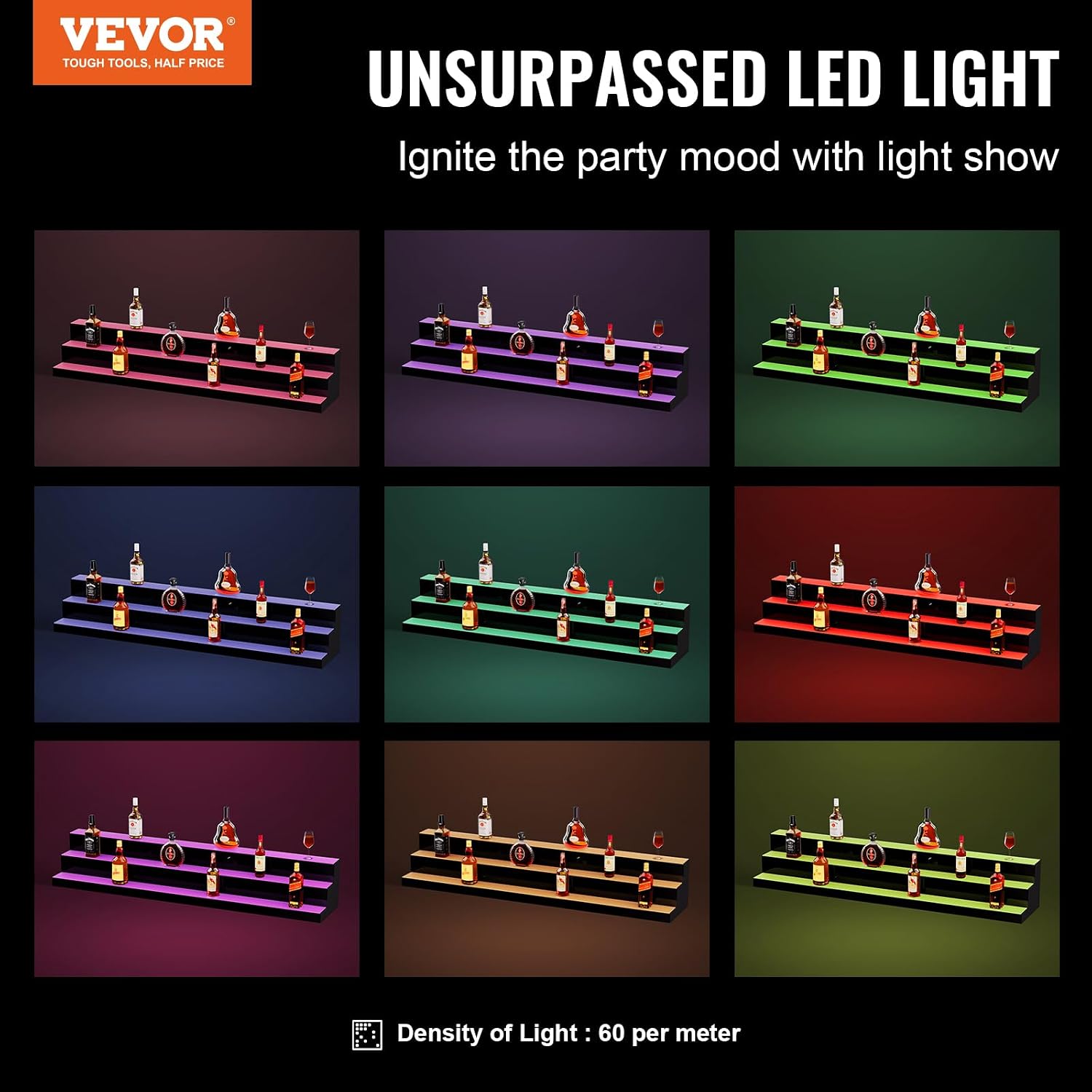 VEVOR LED Lighted Liquor Bottle Display Shelf, 3 Tiers 60 Inches, Supports USB, Illuminated Home Bar Shelf with RF Remote & App Control 7 Static Colors 1-4 H Timing, Acrylic Light Shelf