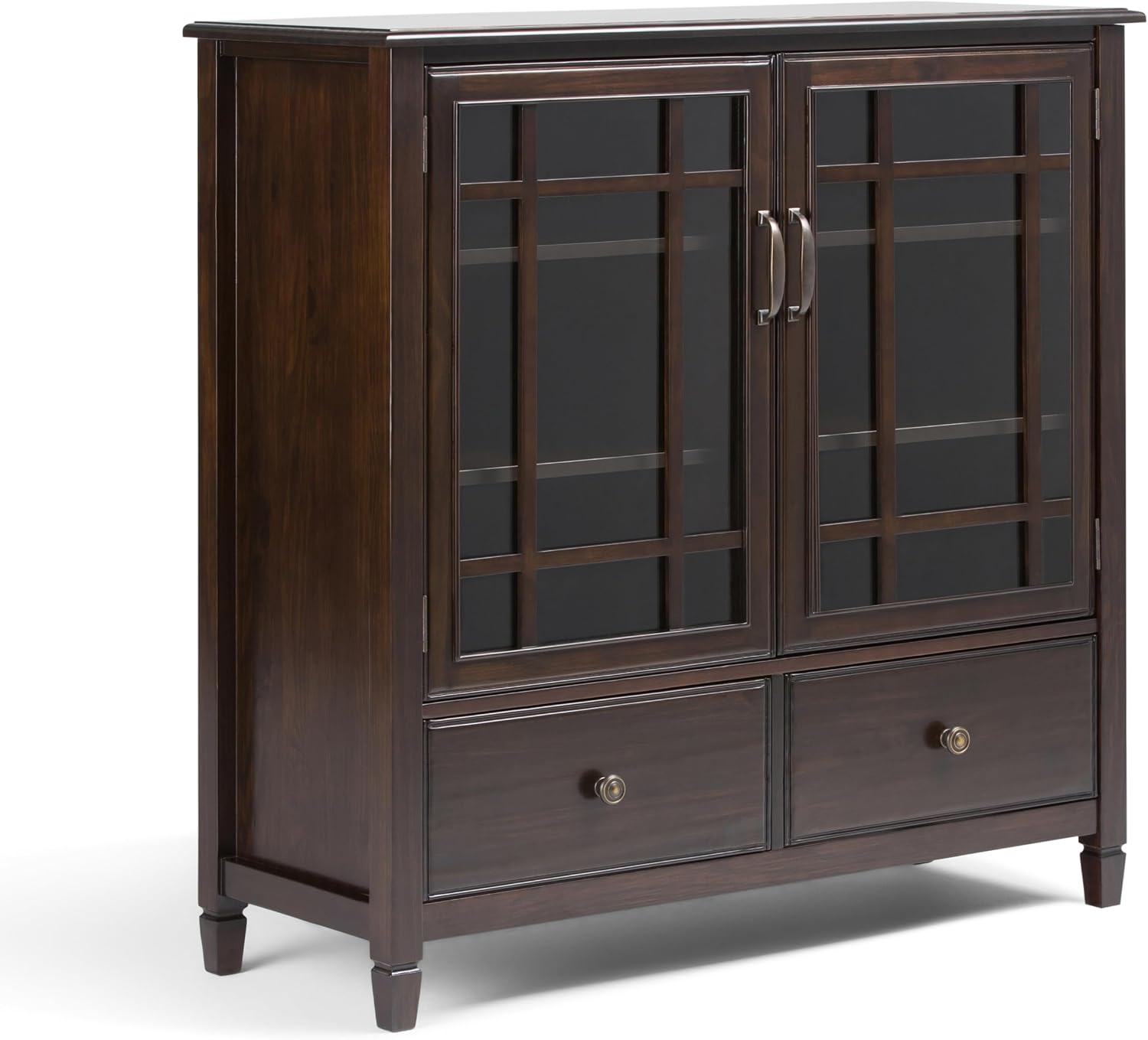 SIMPLIHOME Connaught Storage Cabinet - 46 inch Wide Solid Wood Tall Cabinet in Dark Chestnut Brown, Traditional Console for Living Room or Dining Room with Glass Doors, Adjustable Shelves, and Drawers