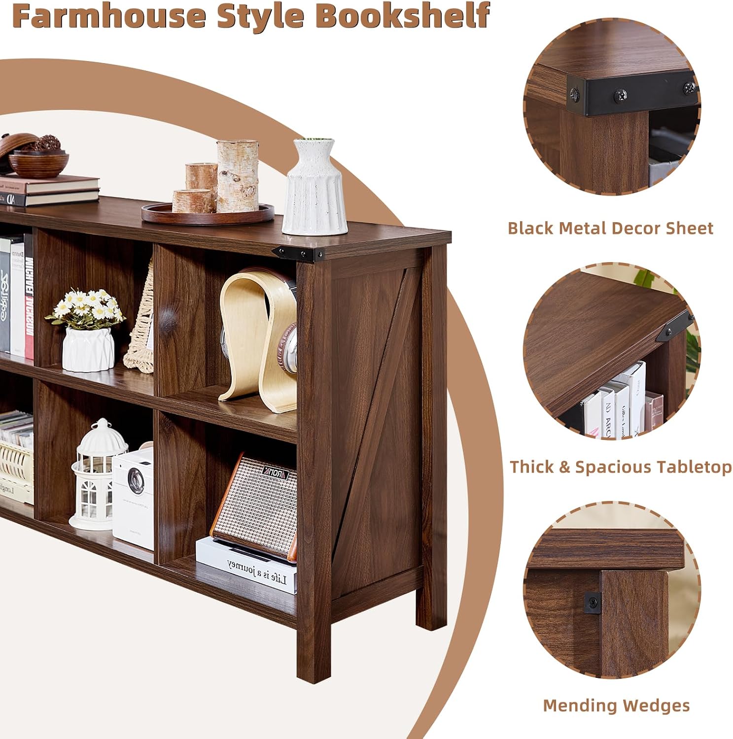 Joaxswe Farmhouse 6 Cube Book Shelf, Wood 3 Tier Storage Organizer Bookshelf, Brown Walnut 47' Horizontal Cubby Bookcase with Legs, Rustic Entryway Book Case, Long Display Cabinet for Bedroom, Office