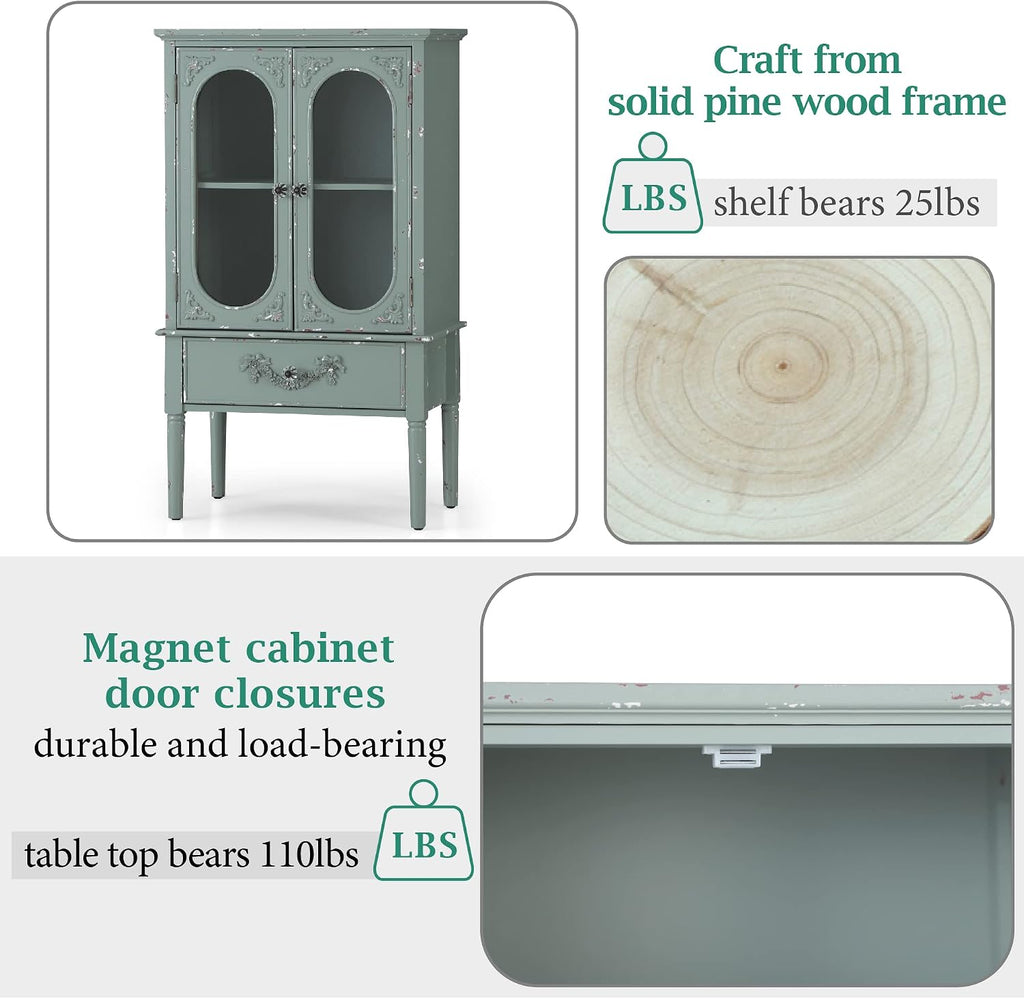 PHI VILLA Accent Cabinet with Glass Doors, Kitchen Storage Cabinet with Drawers, Display Cabinet for Living Room