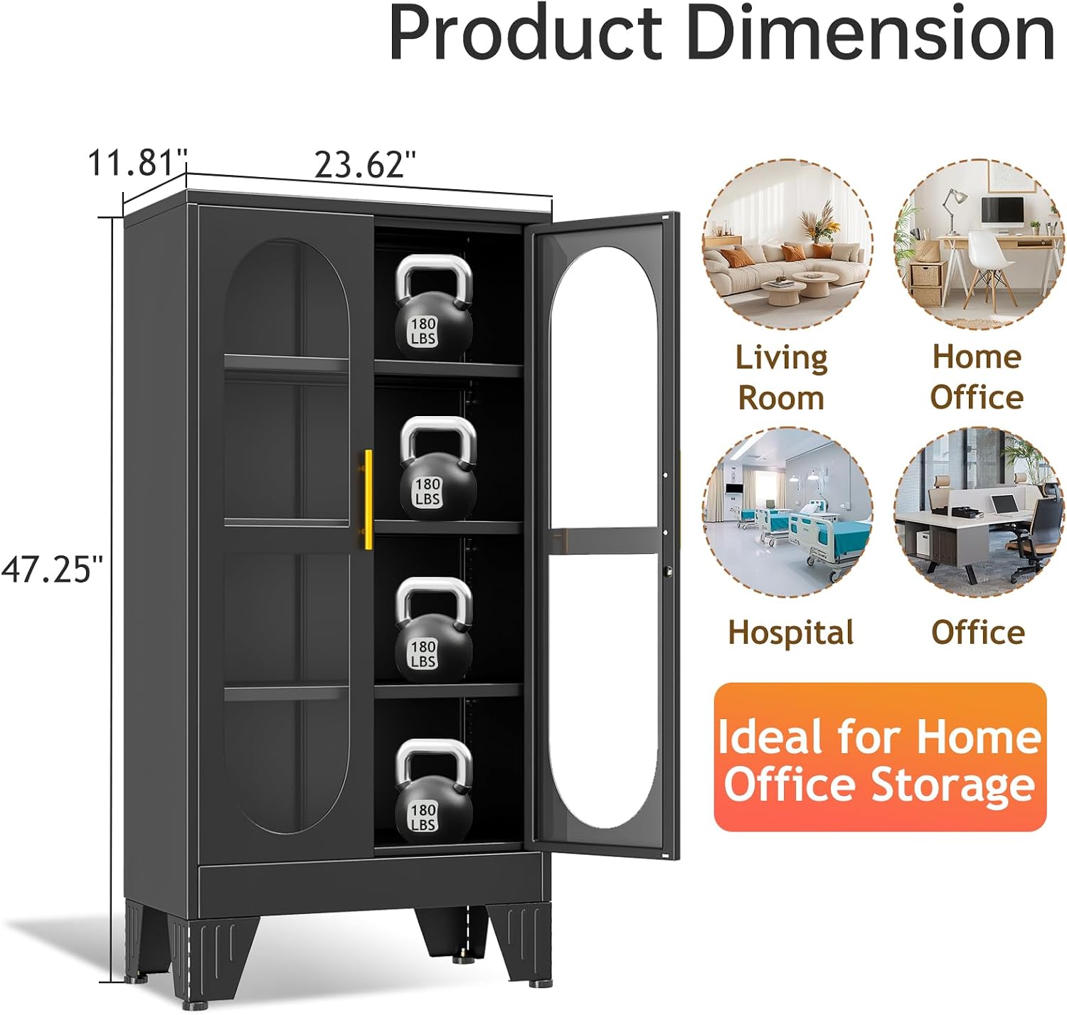 47' H Locking Display Cabinet with Glass Door, Tall black Storage Cabinet with 3 Adjustable Shelves, Metal Curio Cabinet Multi-Purpose Display Case for Collectibles Living Room/Bedroom/Kitchen/Bar