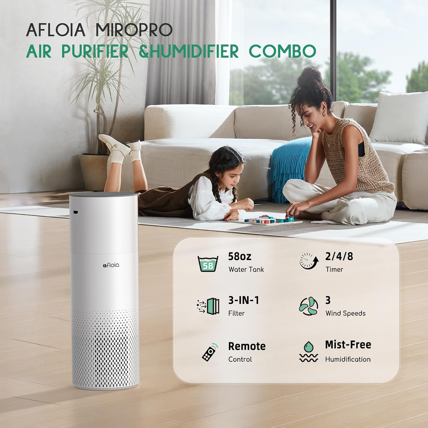 Afloia Humidifier and Air Purifier in One, Air Purifier and Humidifier Combo for Home, 22dB| 7 Colors Light Air Purifiers 2 in 1, Quiet Air Cleaner Removing 99.99% Smokers Odor and Pollen for Bedroom