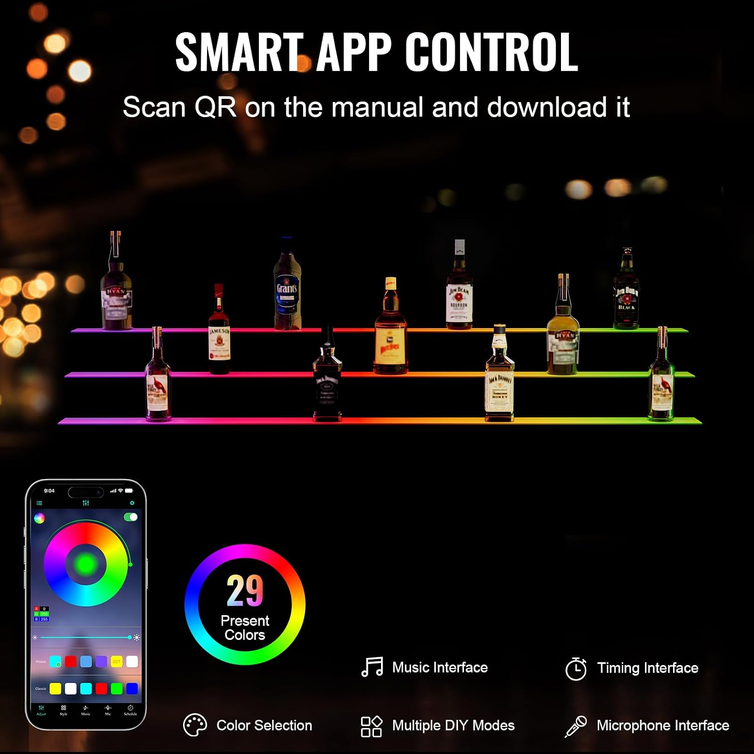 VEVOR LED Lighted Liquor Bottle Display Shelf, 3 Tiers 60 Inches, Supports USB, Illuminated Home Bar Shelf with RF Remote & App Control 7 Static Colors 1-4 H Timing, Acrylic Light Shelf