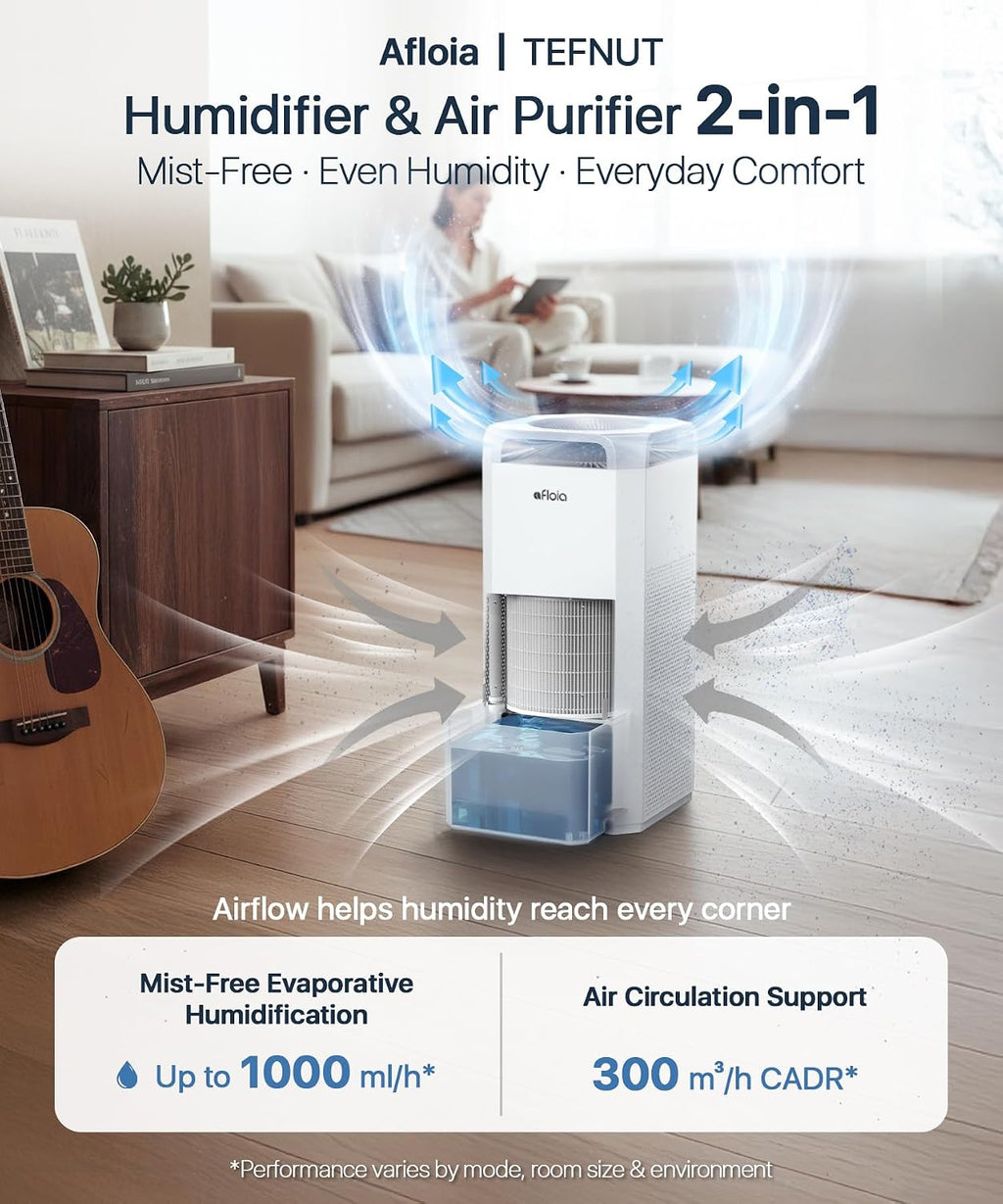 Afloia Humidifier for Bedroom Large Room - Mist Free Evaporative 2 in 1 Humidifier and Air Purifier in One Combo for Home with Top Fill 5L Tank/Humidity&Air Quality Sensor/2-24H Timer