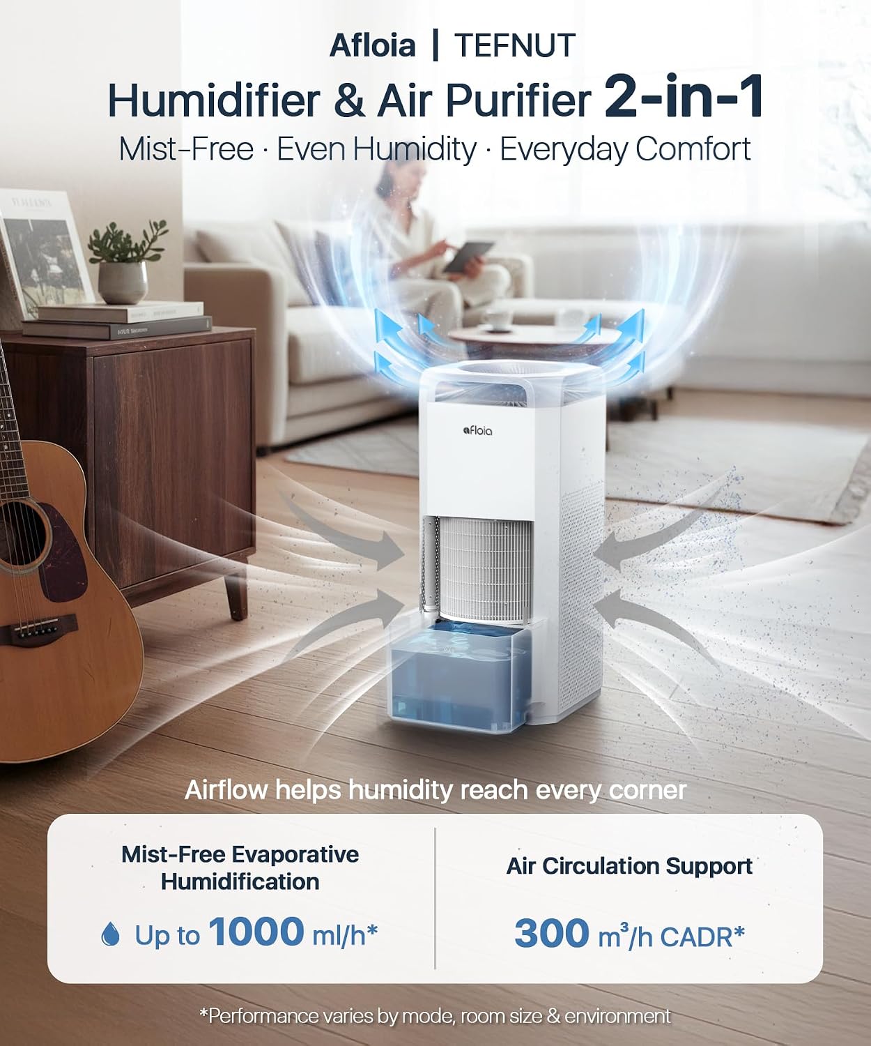Afloia Humidifier for Bedroom Large Room - Mist Free Evaporative 2 in 1 Humidifier and Air Purifier in One Combo for Home with Top Fill 5L Tank/Humidity&Air Quality Sensor/2-24H Timer