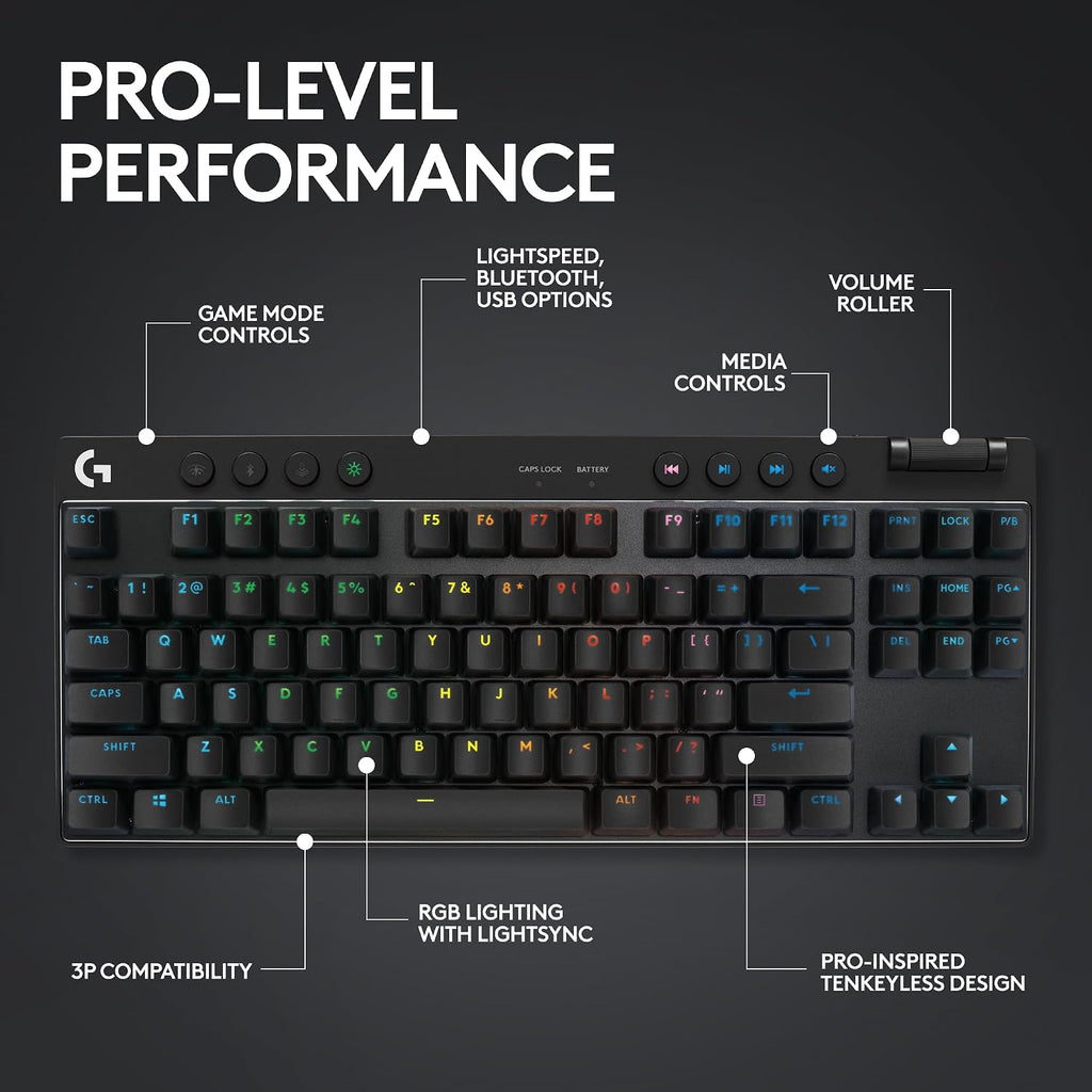 Logitech G PRO X TKL Lightspeed Wireless Gaming Keyboard, Ultra-Portable Tenkeyless Design, LIGHTSYNC RGB, PBT keycaps, Clicky Switches (GX Blue) - Black