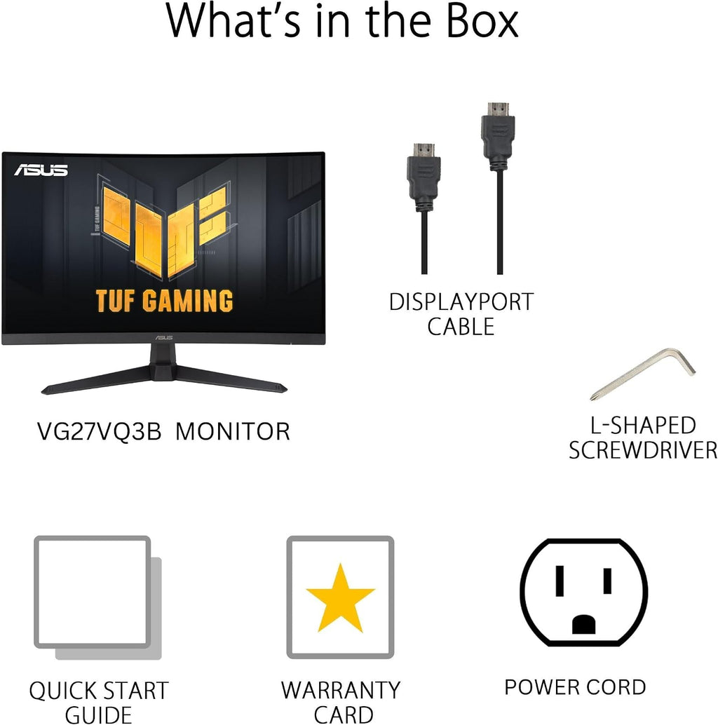 ASUS TUF Gaming 27' 1080P Curved Monitor (VG27VQ3B) – Full HD, 180Hz, 1ms, Extreme Low Motion Blur Sync, FreeSync, 1500R Curvature, Eye Care, 90% DCI-P3, DisplayWidget, 3 yr Warranty