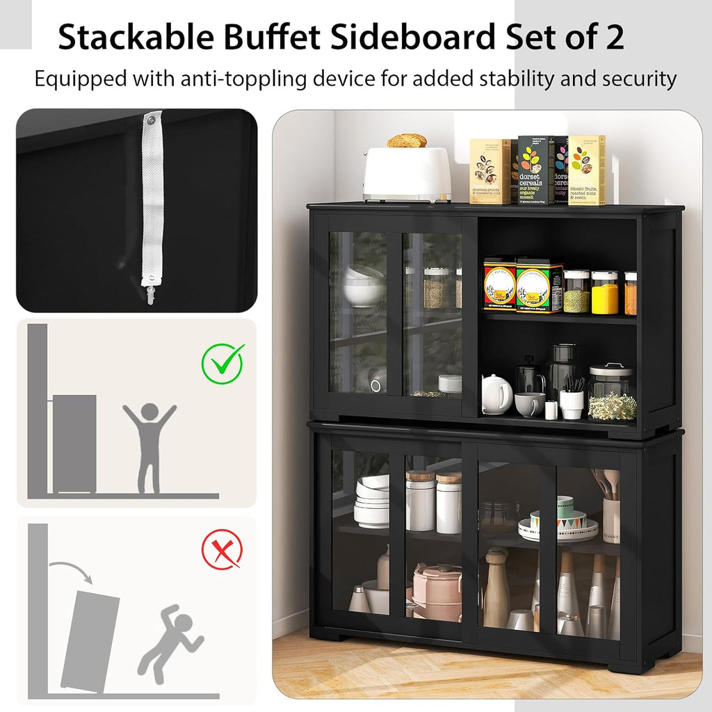 COSTWAY Buffet Sideboard with Storage, 2-Door Floor Cupboard with Sliding Tempered Glass Cabinet & Adjustable Shelf, Stackable Storage Cabinet for Kitchen, Entryway, Black (2)